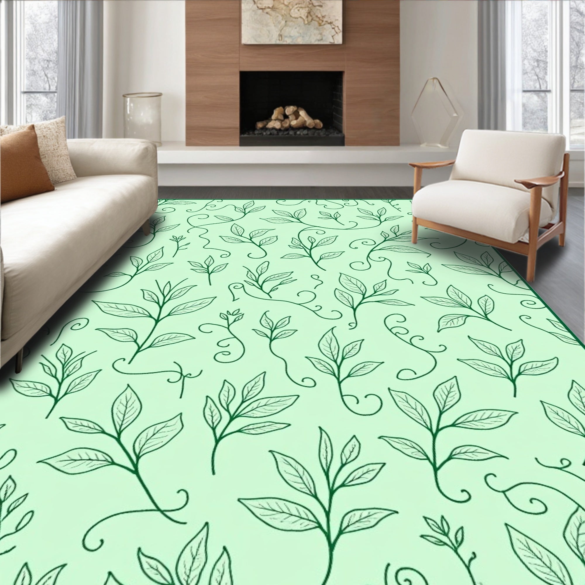 Light Green Botanical Leaf Vines Rug