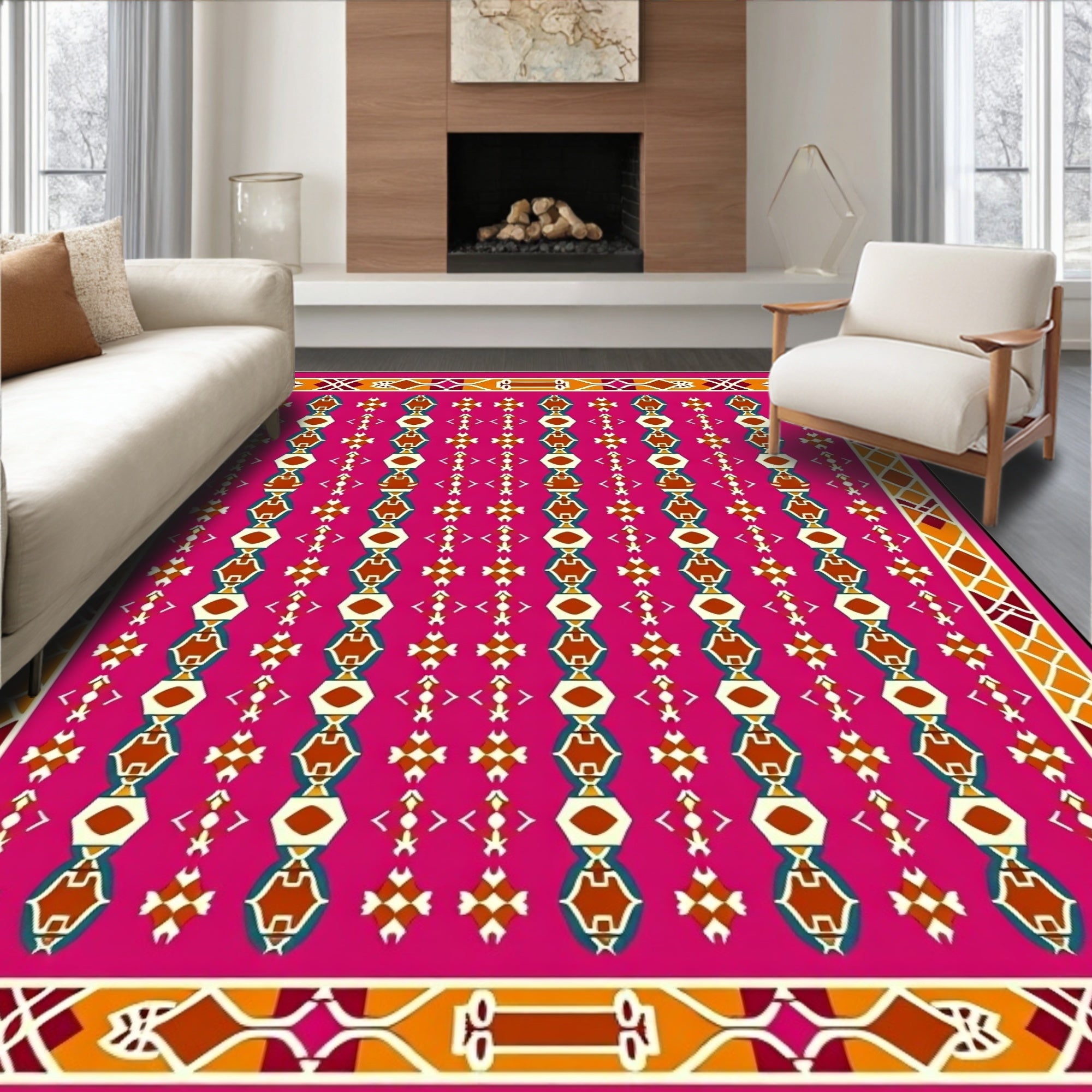 Vibrant Pink Geometric Tribal Arrangement Rug