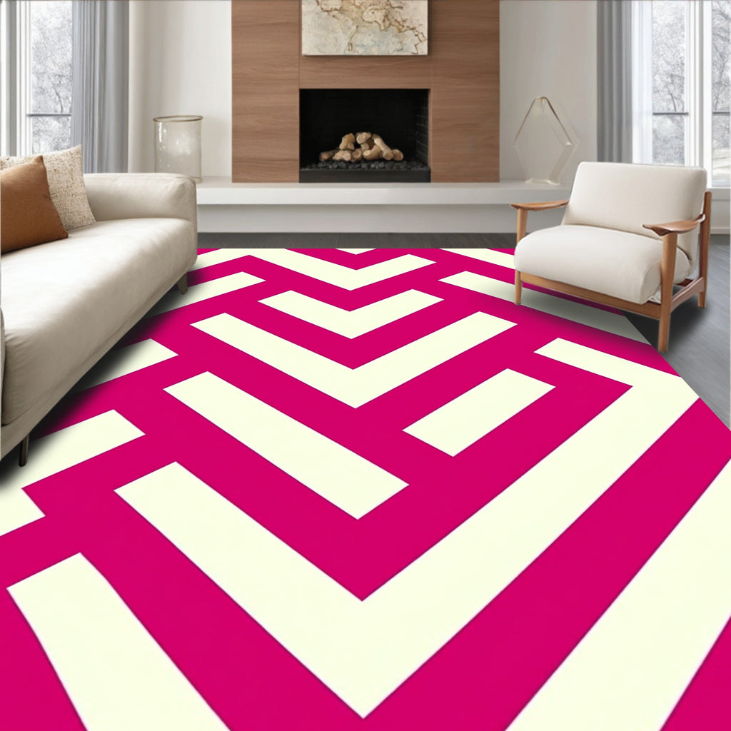 Pink And Cream Geometric Maze Rug