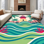 Tropical Lighthouse Teal Green Waves Rug