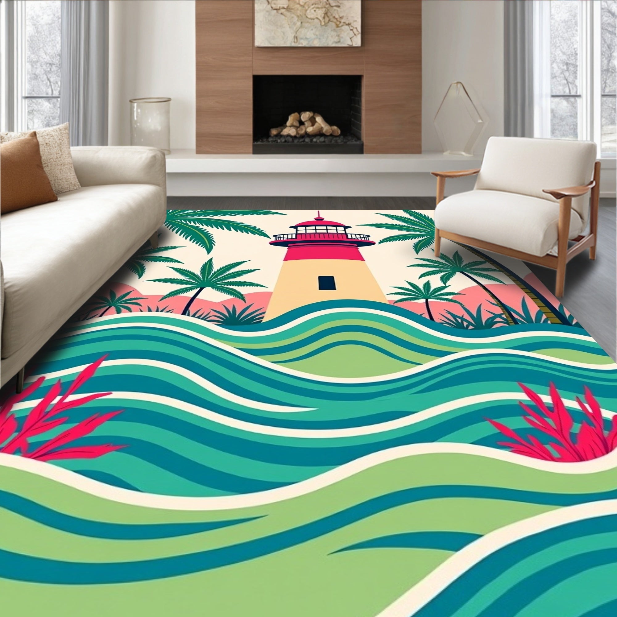 Tropical Lighthouse Teal Green Waves Rug