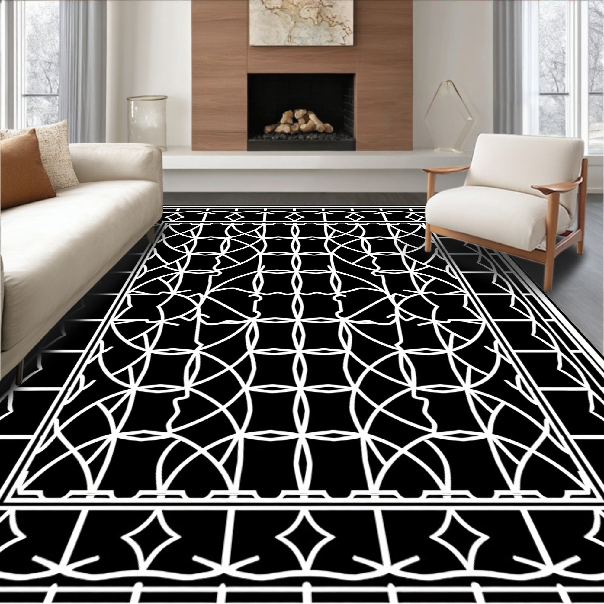 Monochromatic White Arabesque Lattice Rug