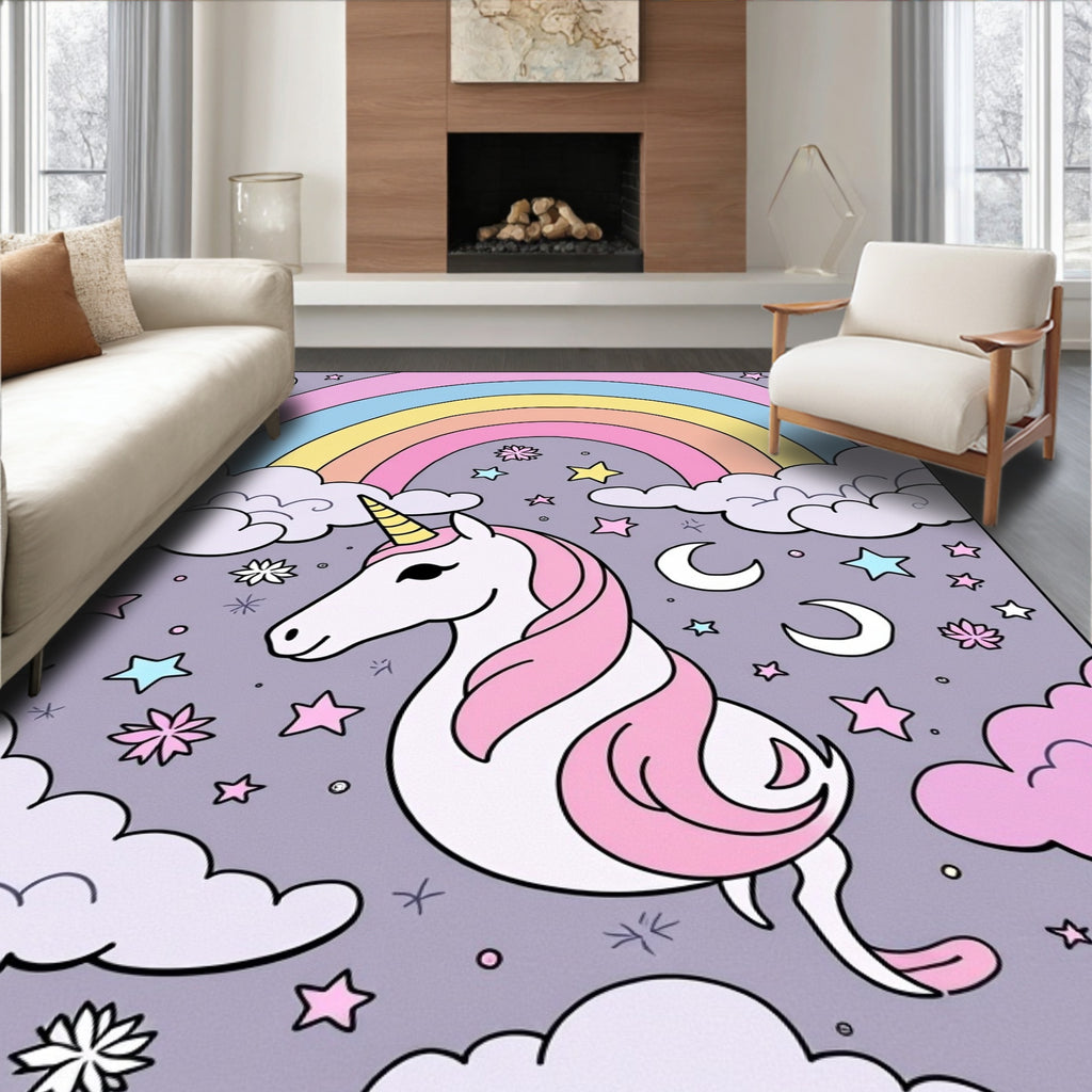 Pastel Unicorn Rainbow Cloud Stars Rug