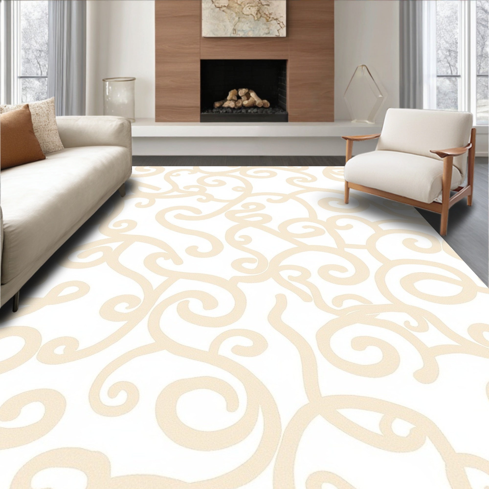 Cream Swirl Abstract Vine Rug