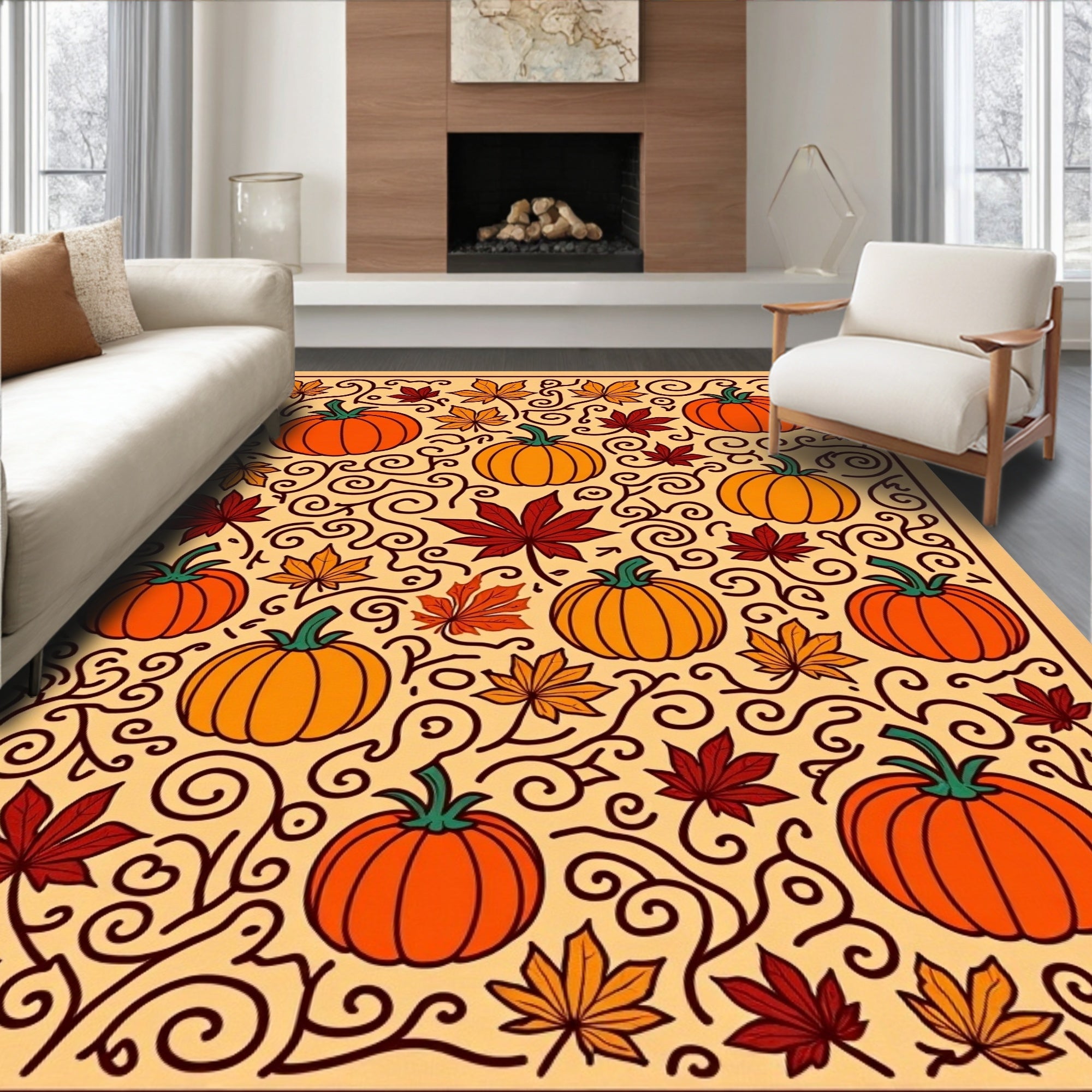 Autumn Pumpkin Leaf Scrollwork Rug