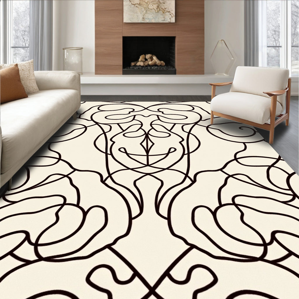 Cream Black Swirling Scroll Abstract Rug