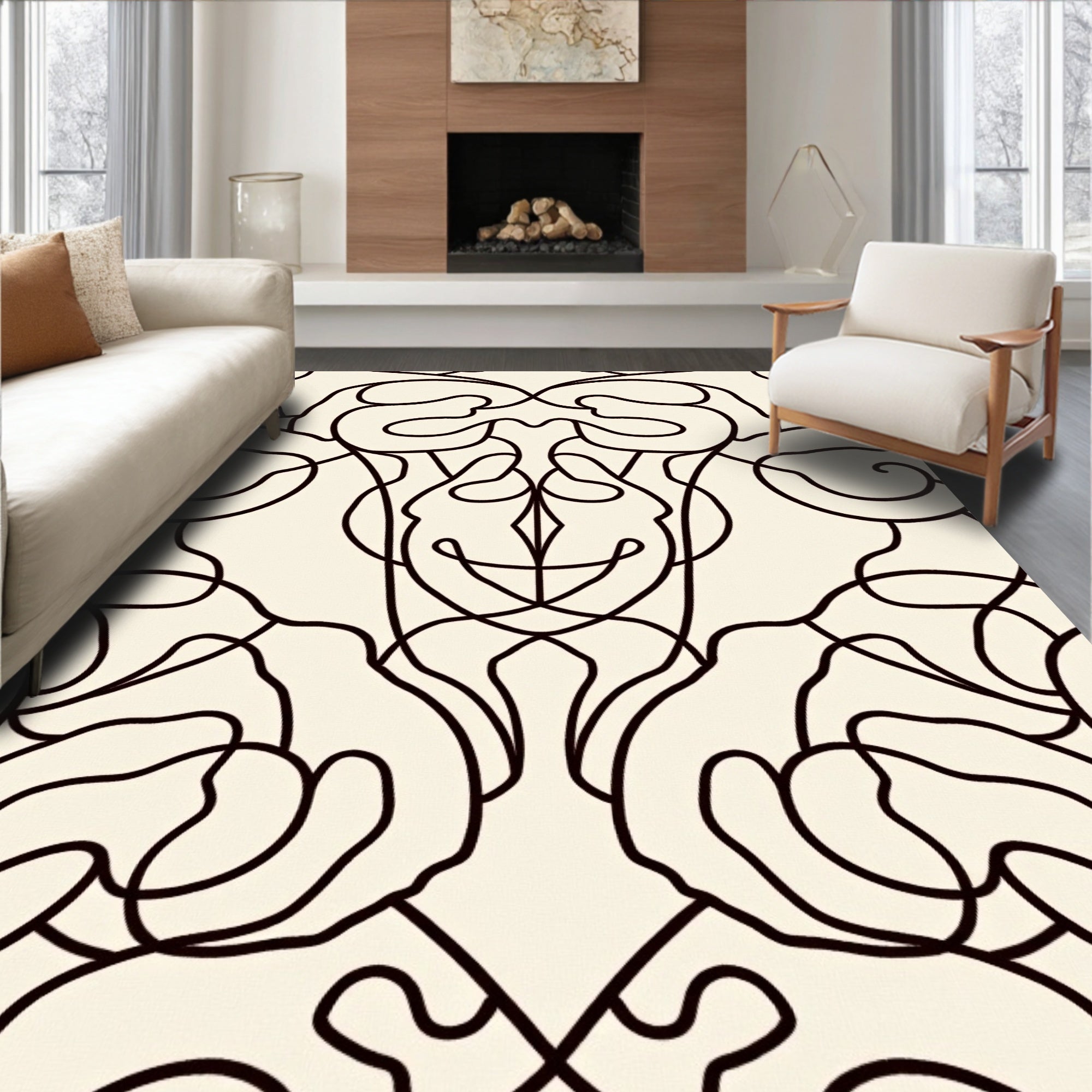 Cream Black Swirling Scroll Abstract Rug