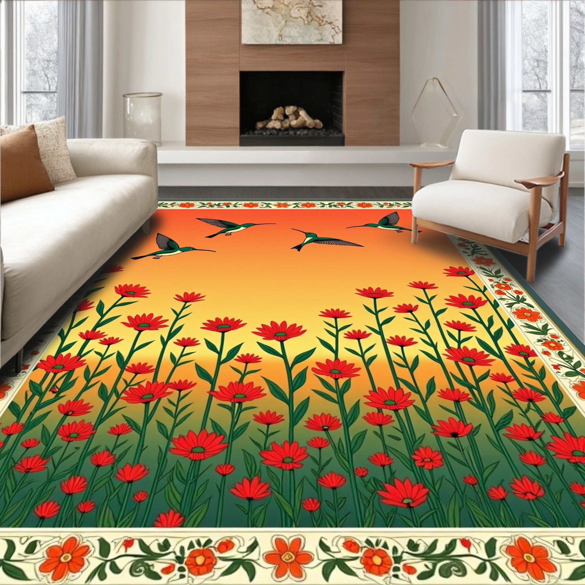 Hummingbird Garden Red Floral Border Rug