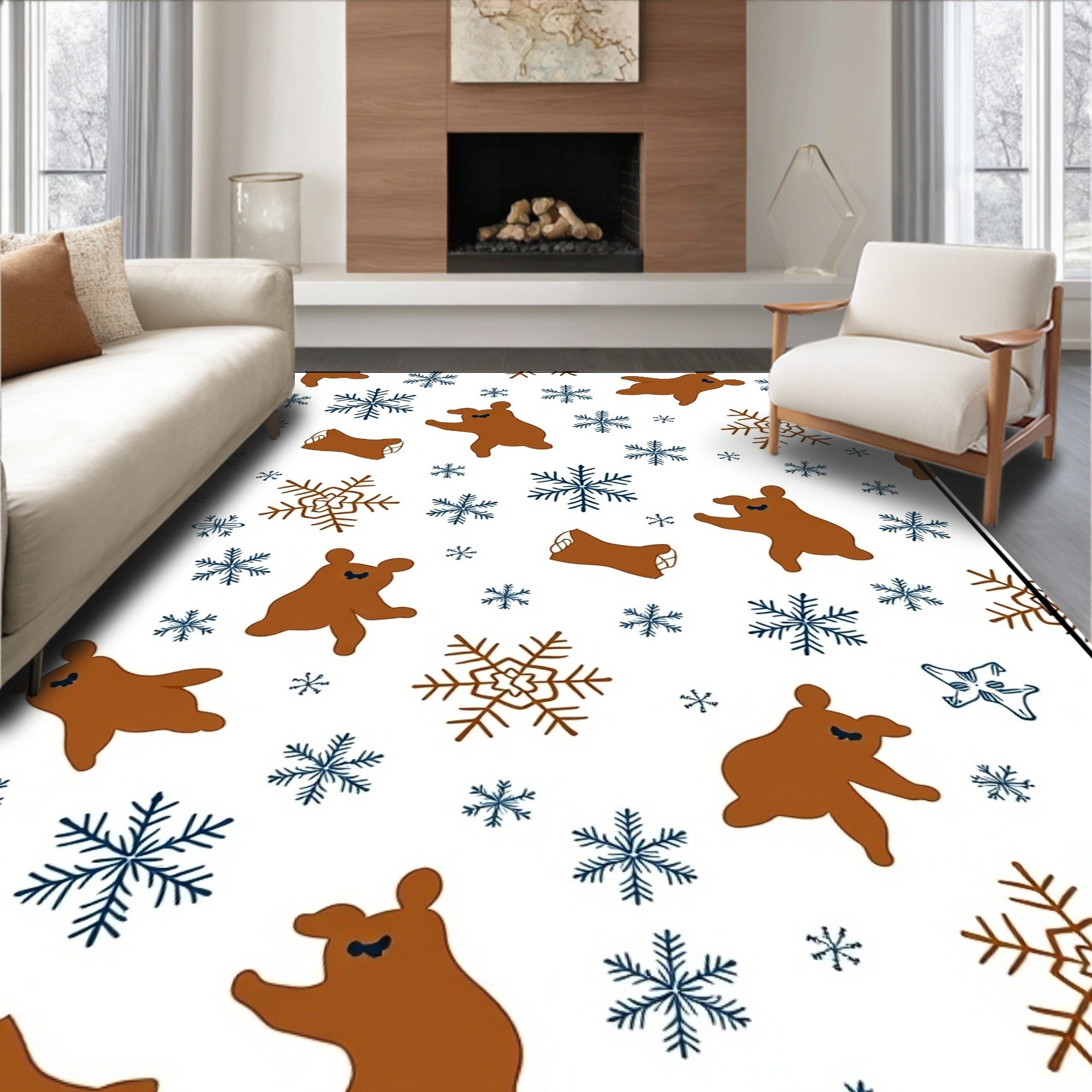Brown Bear Snowflake Winter Scene Rug