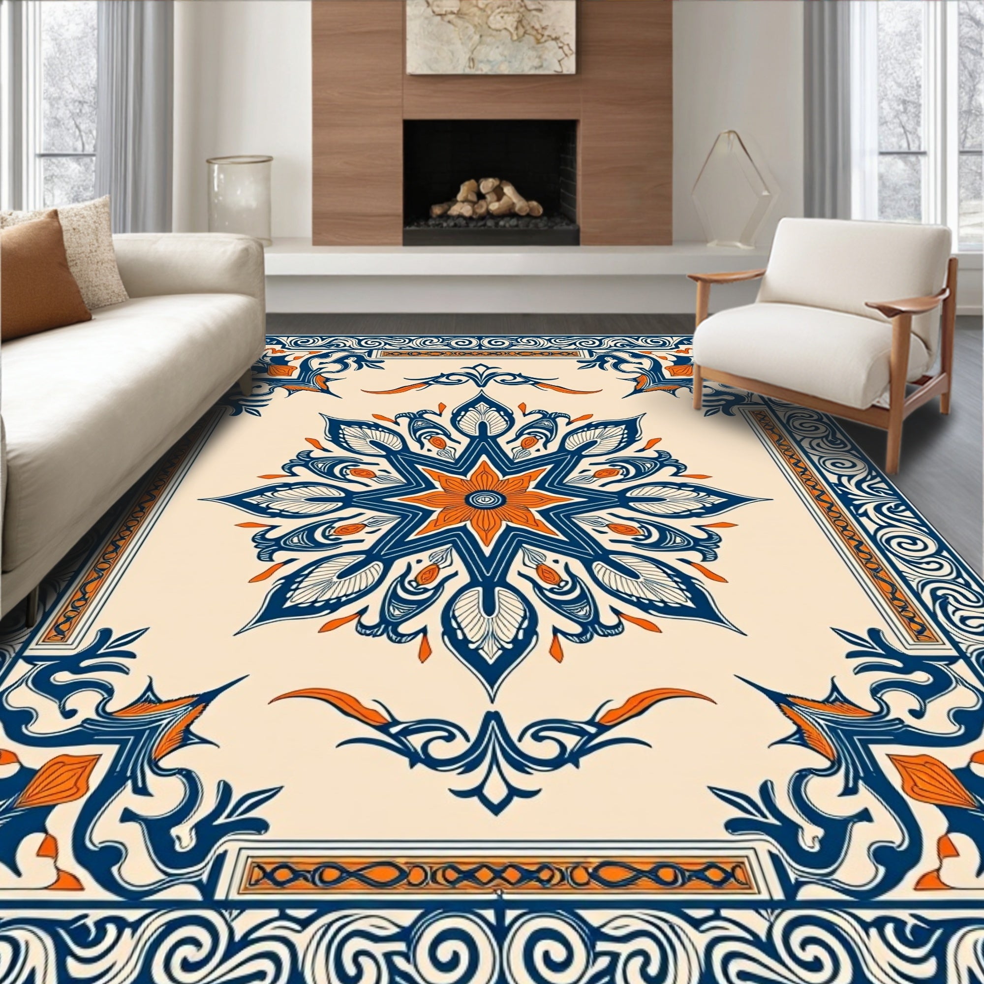 Cream Blue Orange Floral Medallion Border Rug