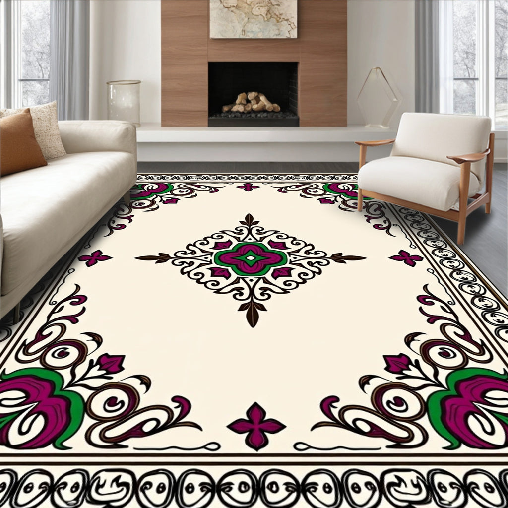 Vibrant Plum Green Floral Medallion Border Rug