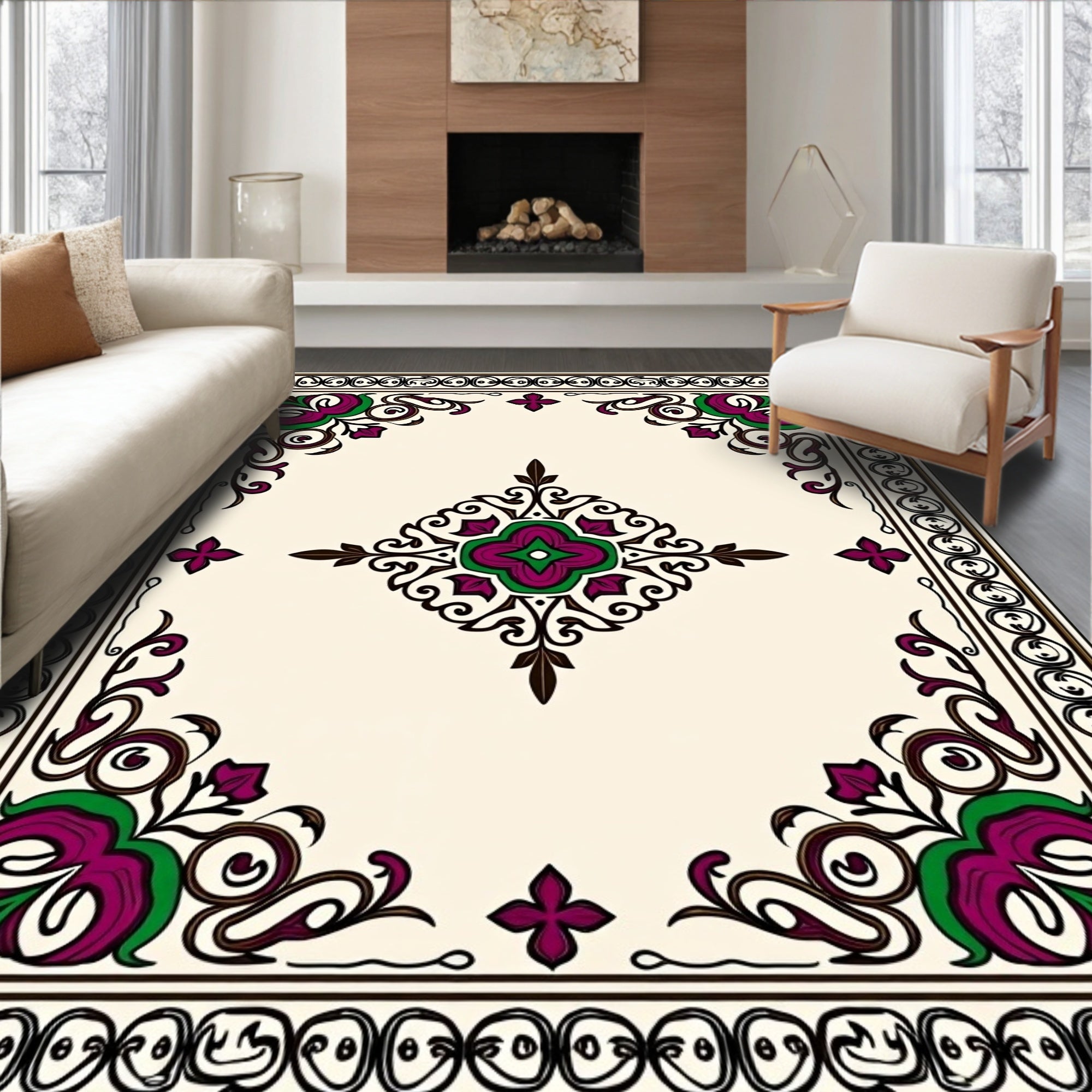 Vibrant Plum Green Floral Medallion Border Rug