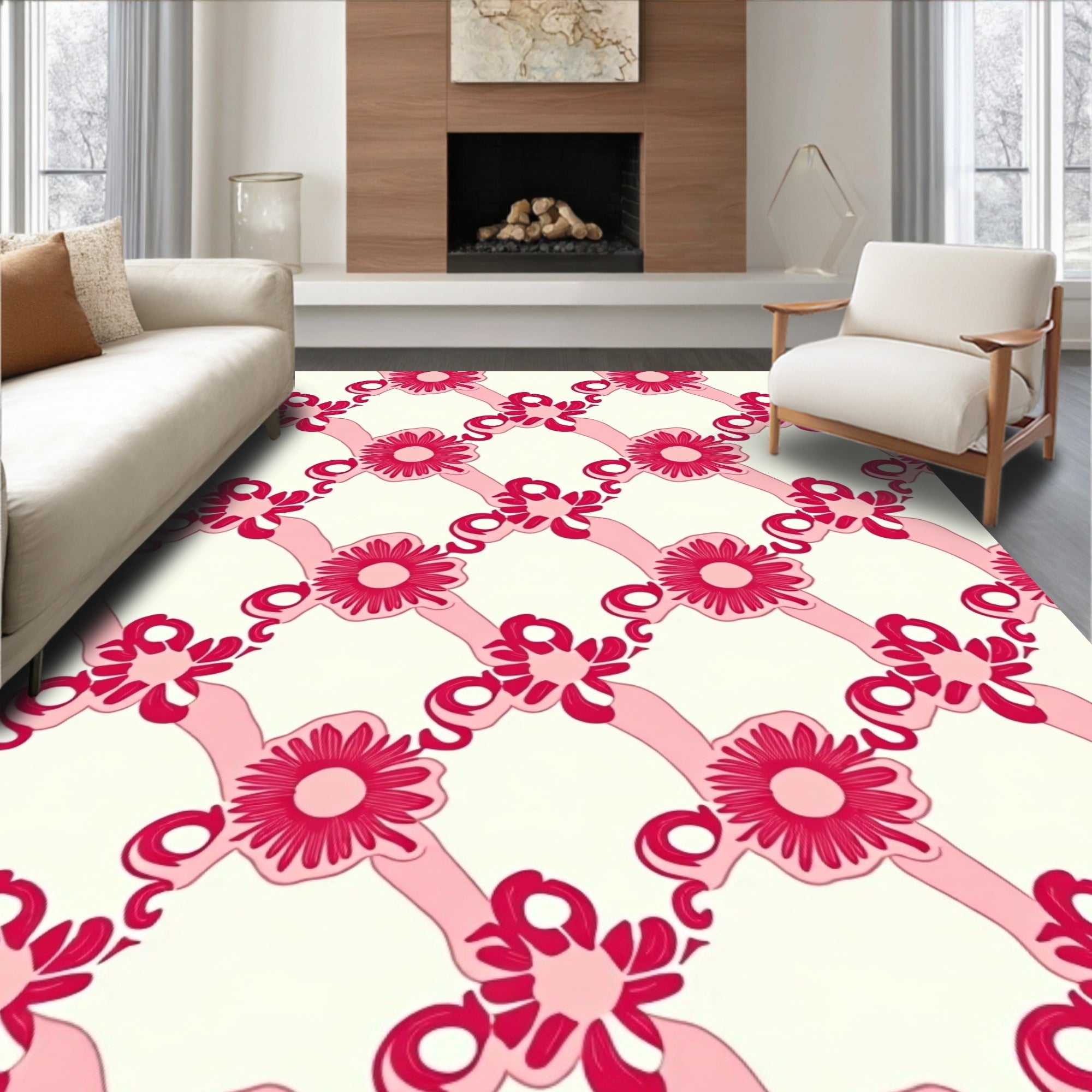 Sweet Pink Ribbon and Flower Lattice Rug