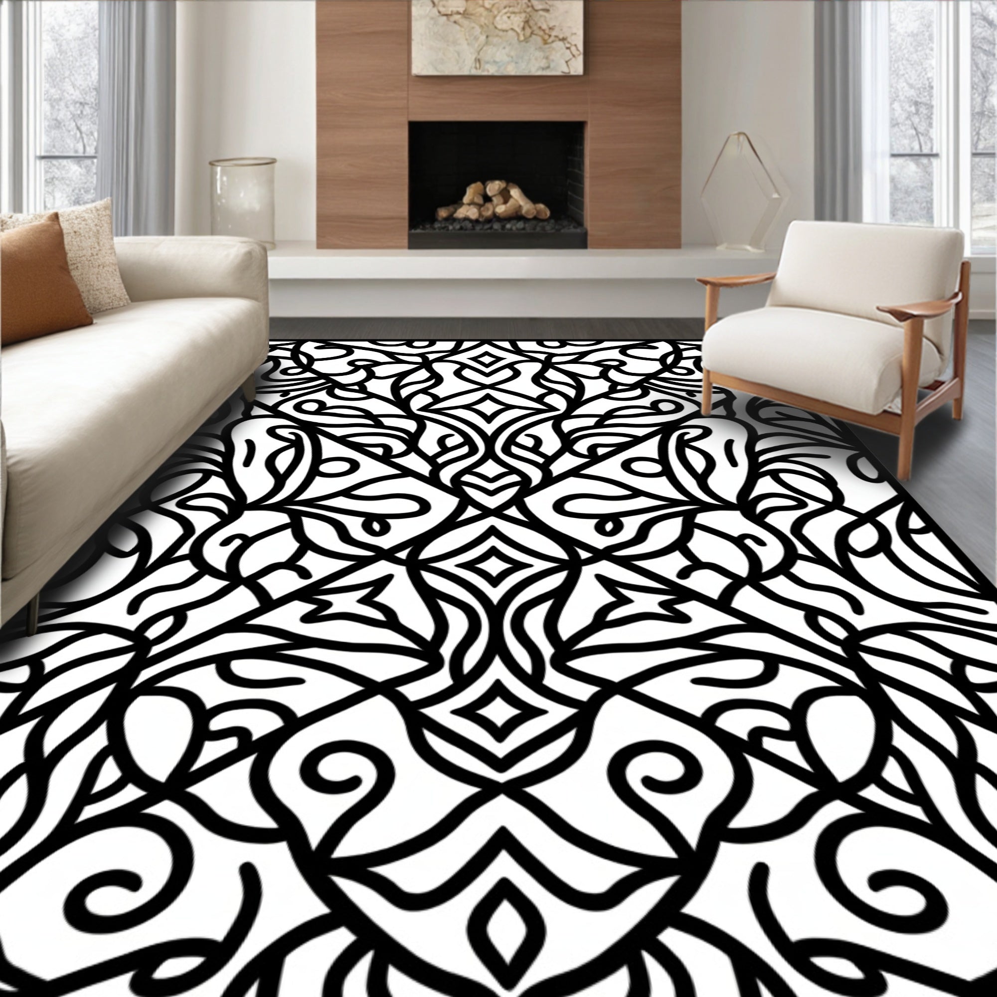 Intricate Black Floral Arabesque Lacework Rug