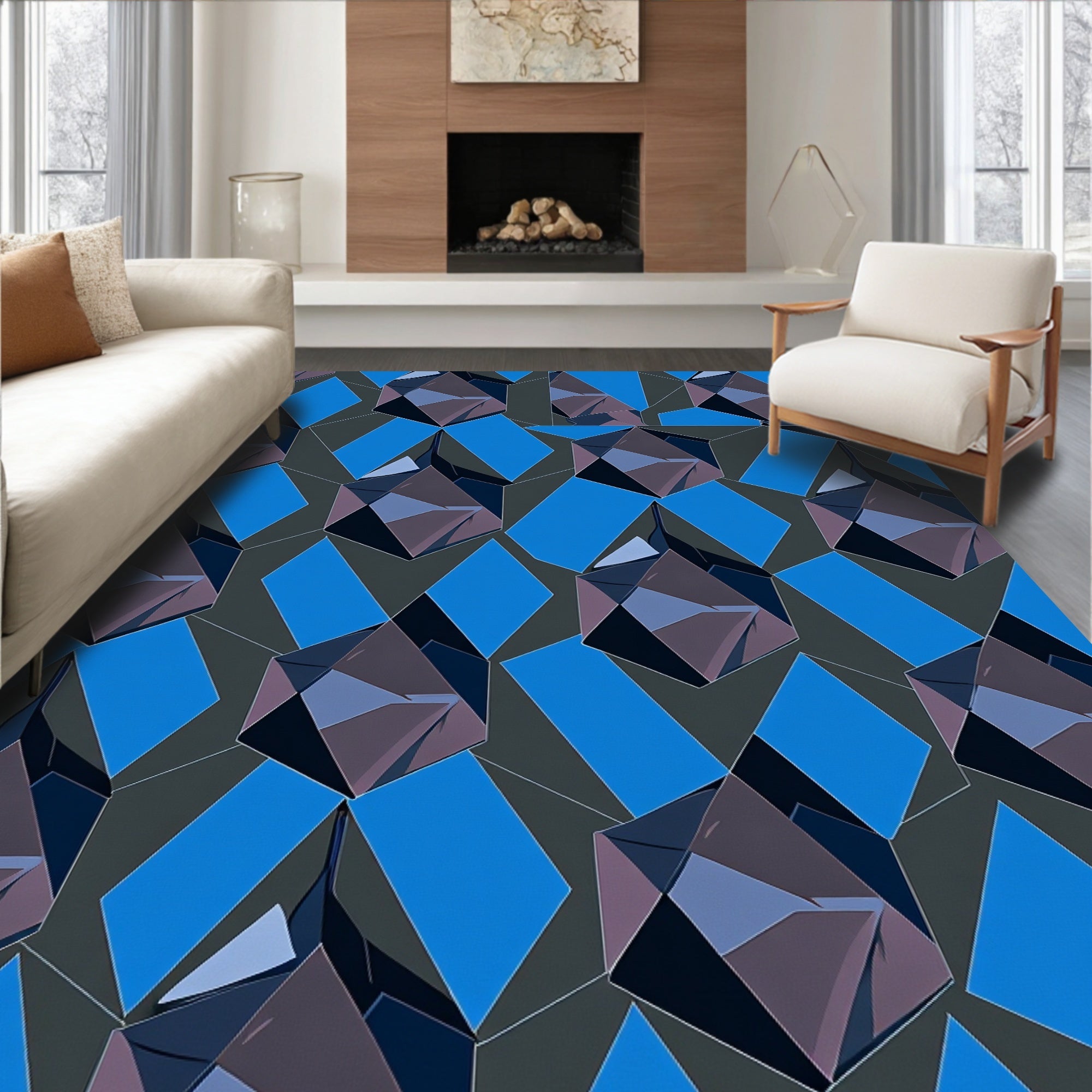Deep Blue Geometric Crystal Facets Rug