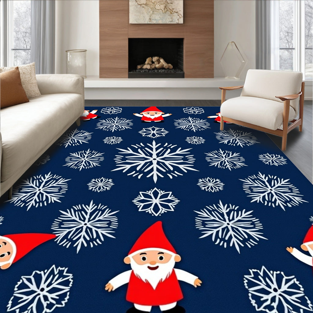 Festive Red Gnomes Snowflakes Navy Rug