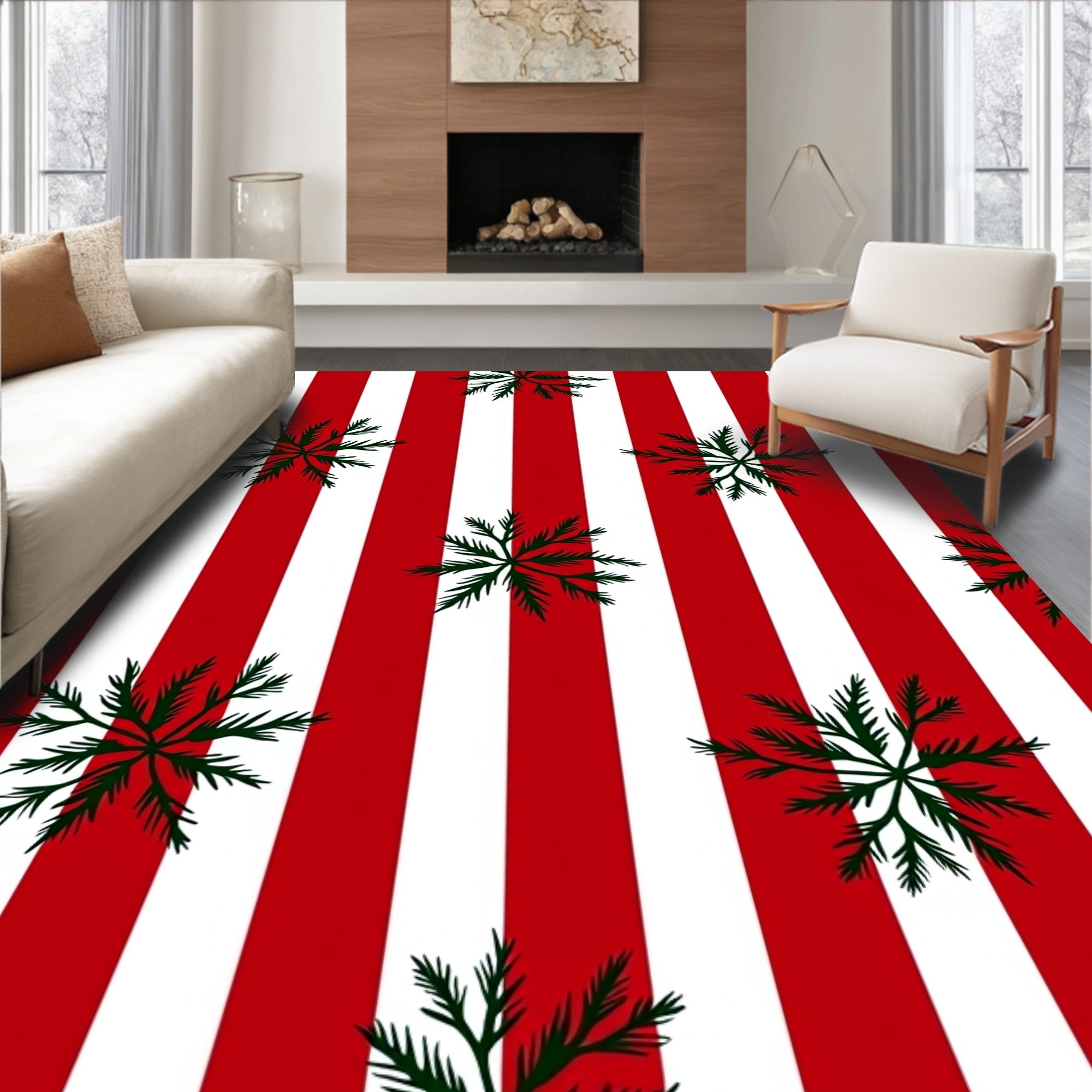 Red White Striped Evergreen Sprig Rug