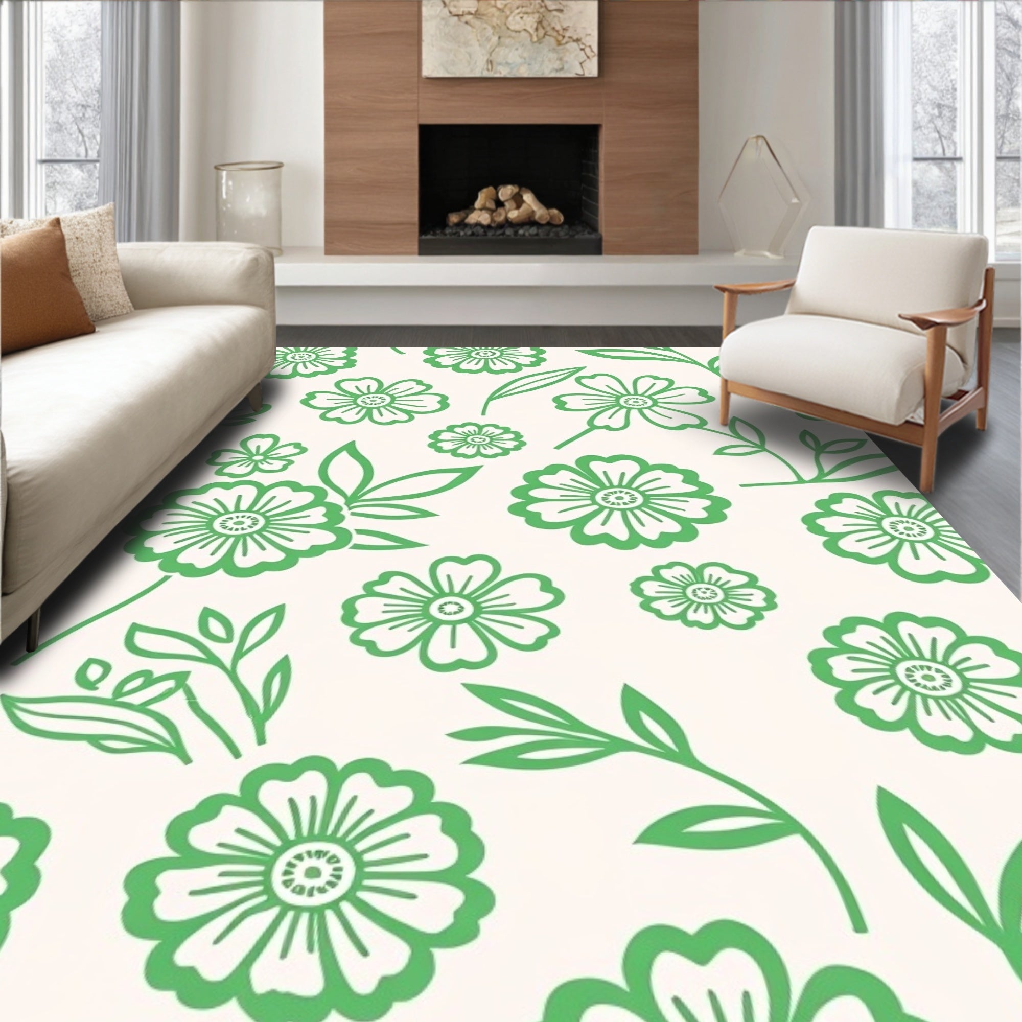 Fresh Green Floral Botanical Spread Rug
