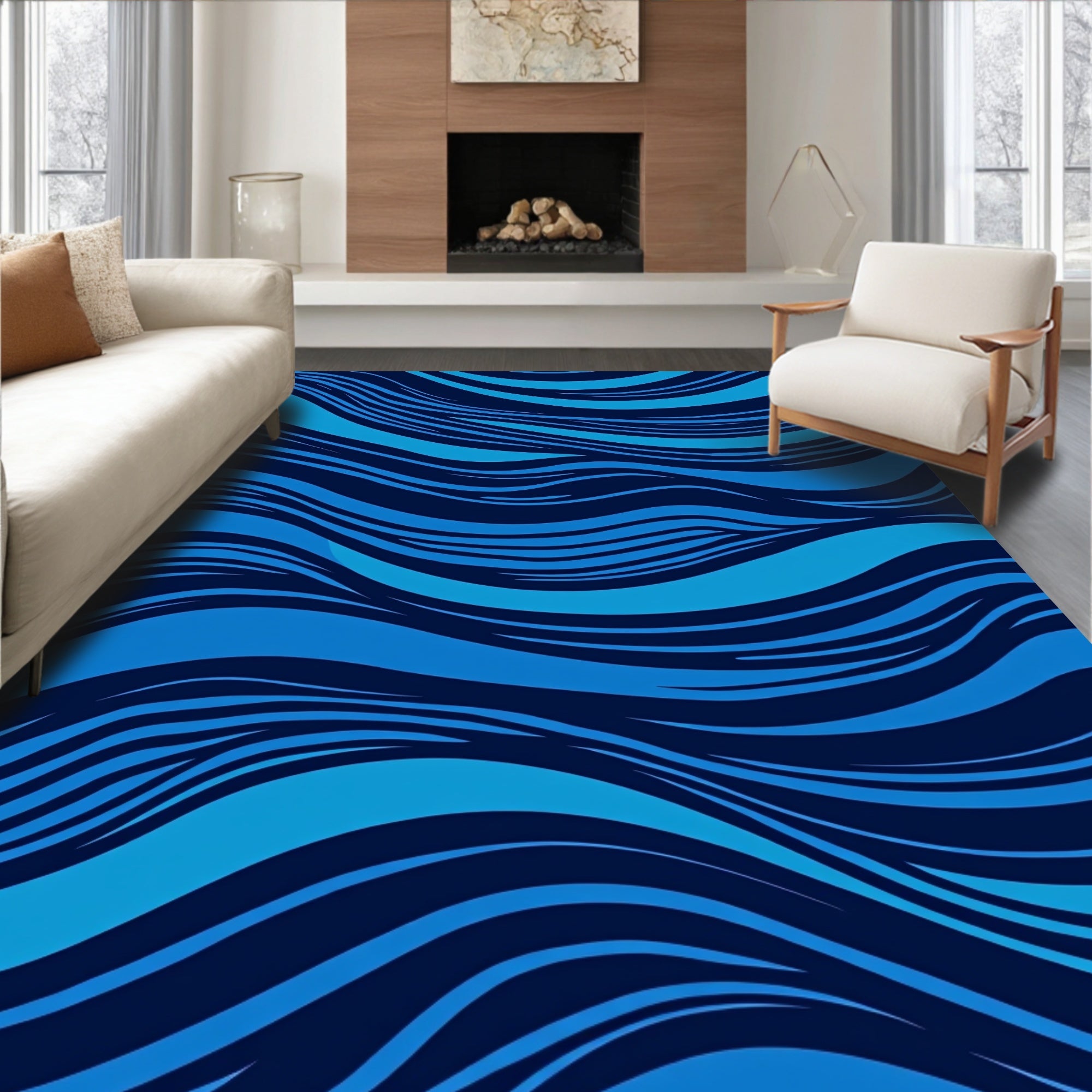 Deep Blue Wavy Stripe Rug
