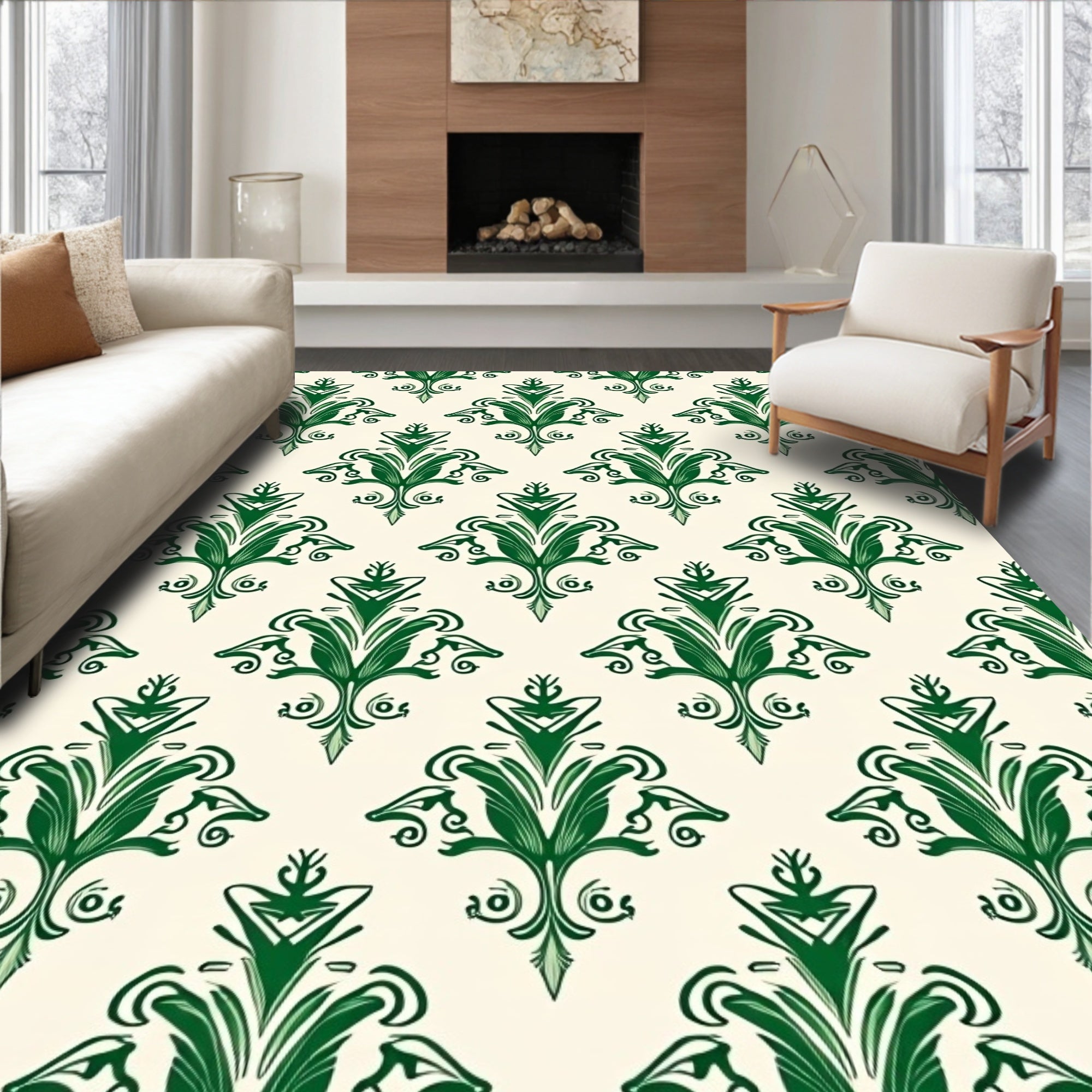 Green Floral Scroll Damask Rug