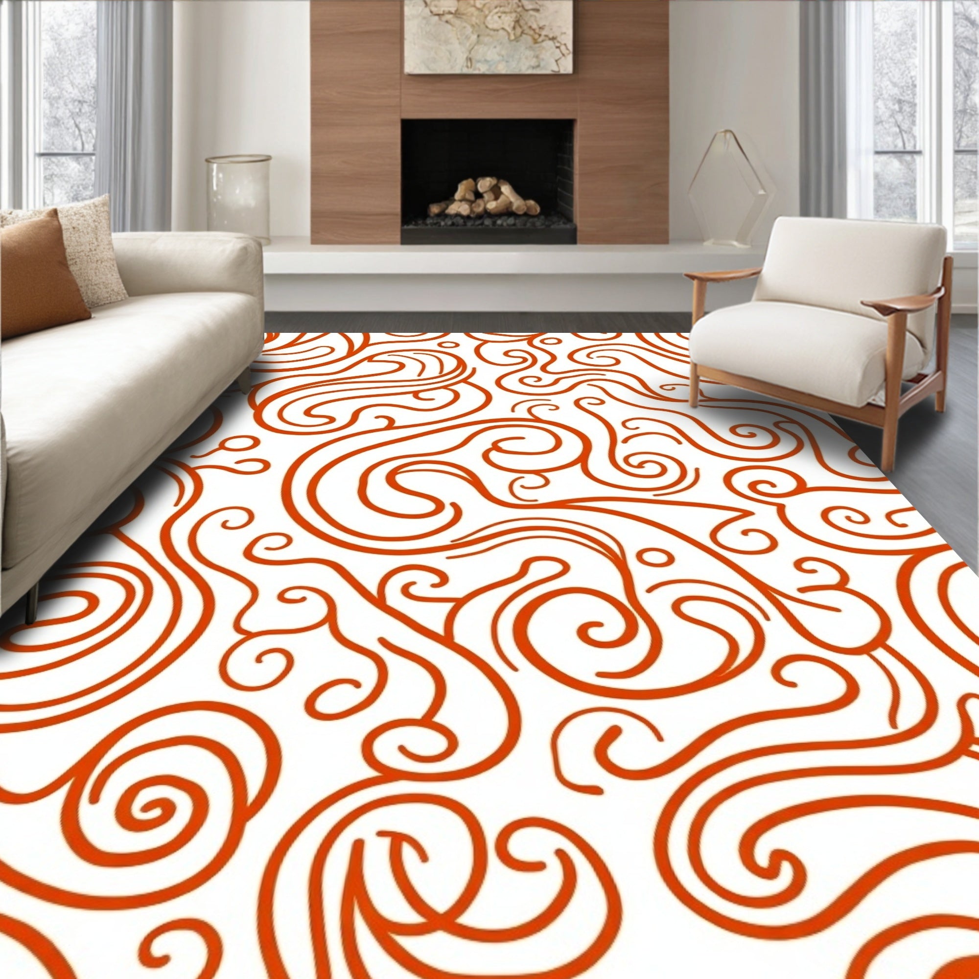 Vibrant Orange Swirl Meadow Rug