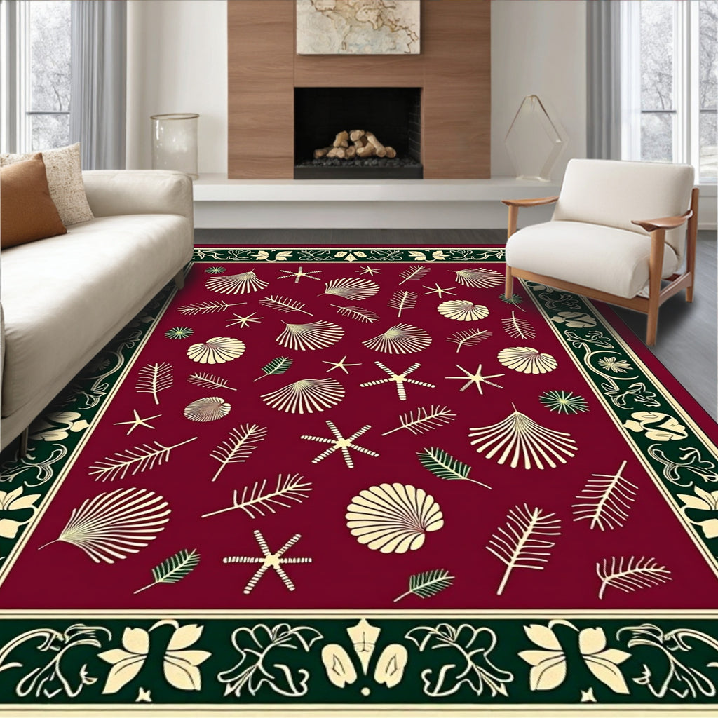 Burgundy Seashell Botanical Border Rug