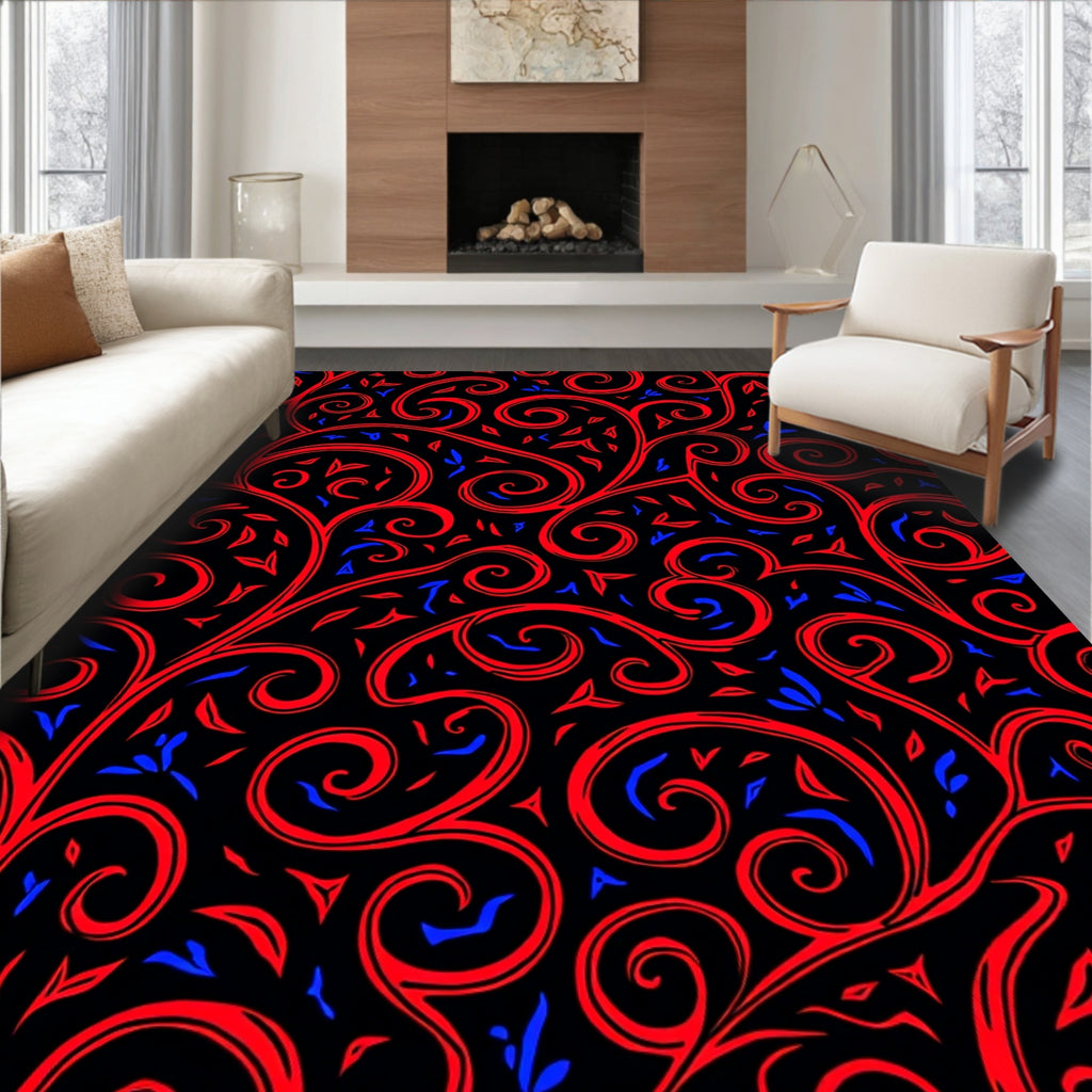 Red Blue Swirl Vine Black Rug