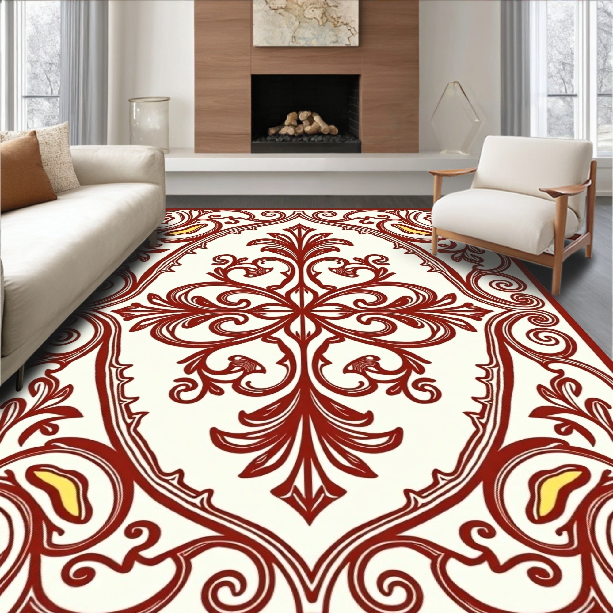 Crimson Cream Floral Crest Oval Rug