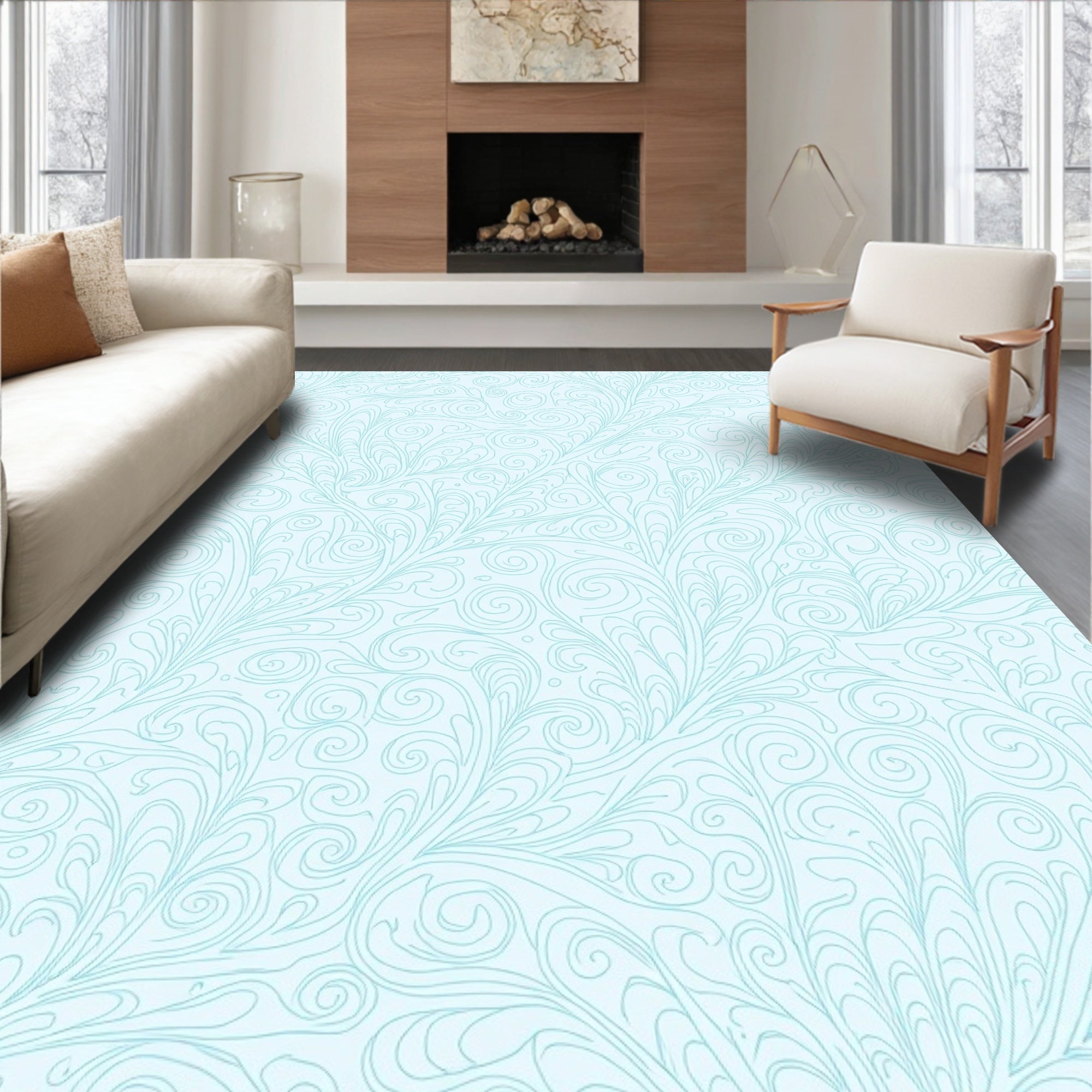 Soft Blue Leafy Swirl Vintage Rug