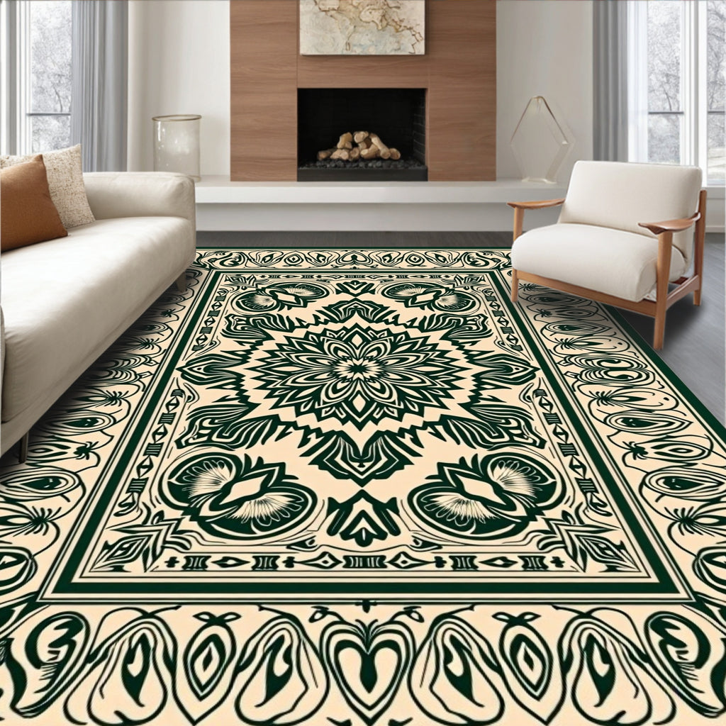 Dark Green Floral Medallion Border Rug
