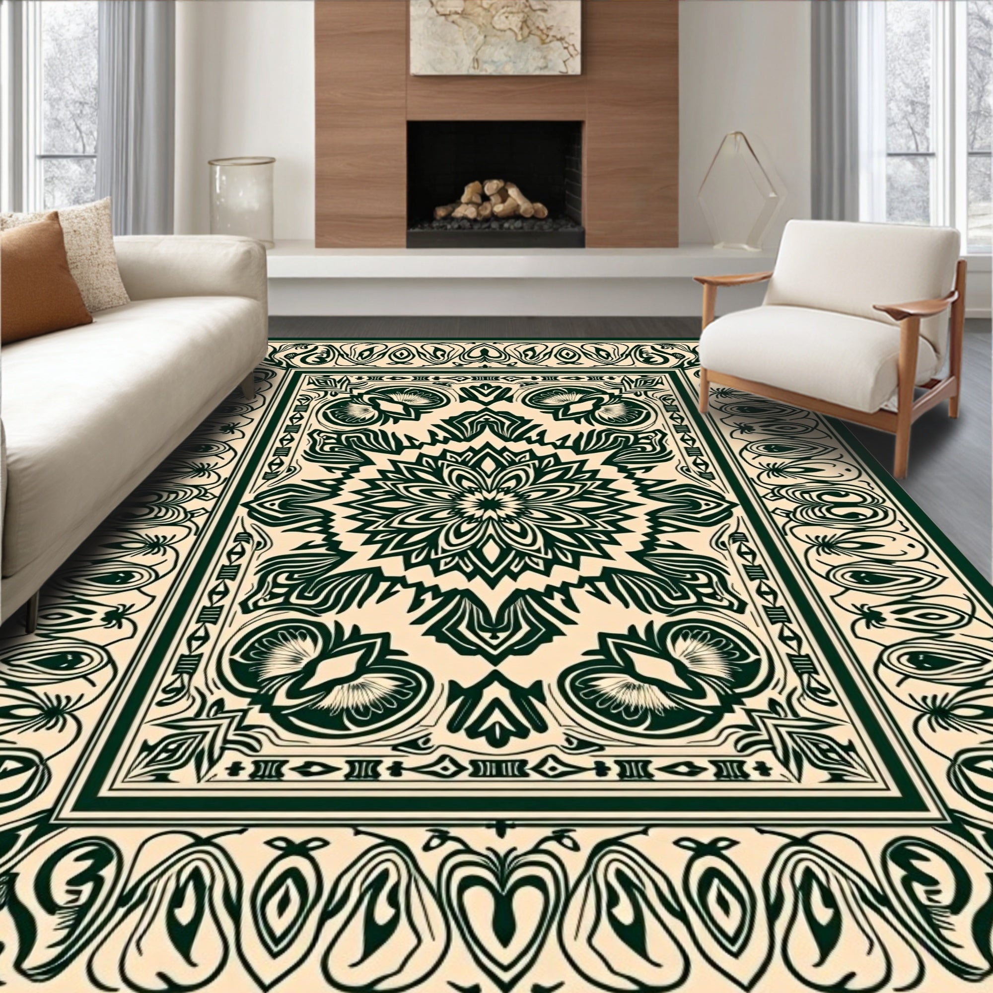 Dark Green Floral Medallion Border Rug