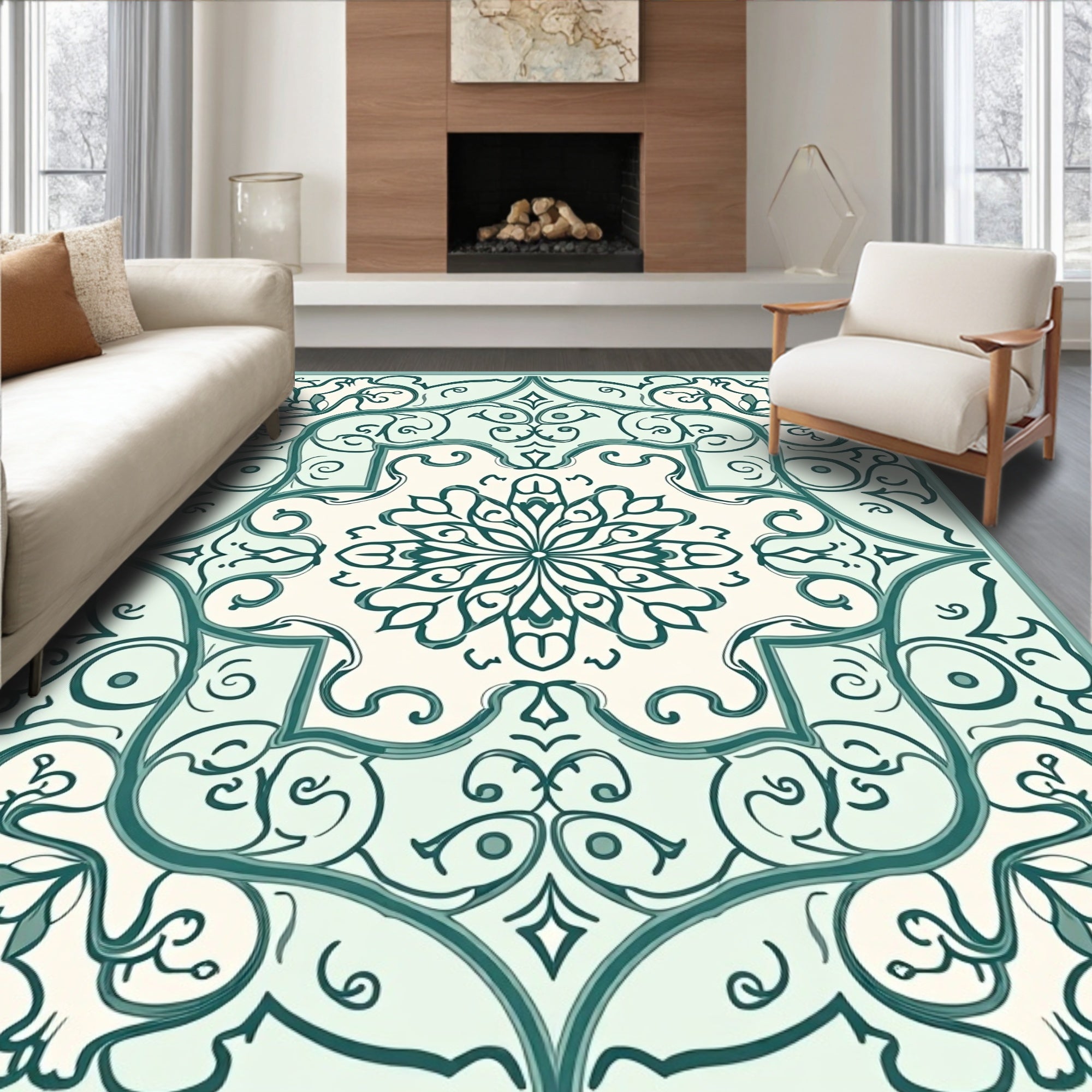 Teal Floral Scrollwork Tile Rug