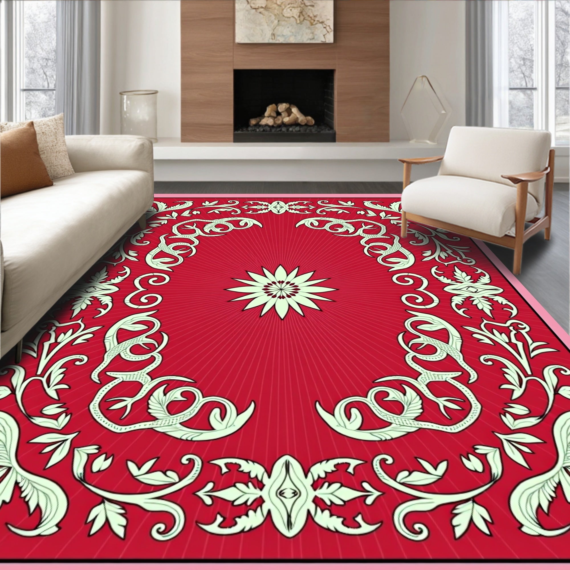 Vintage Red Floral Sunburst Swirl Rug