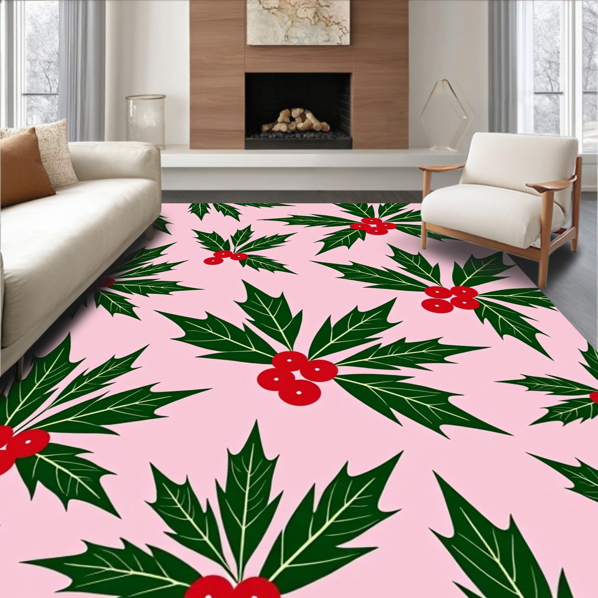 Green Holly Berry Garland Pink Rug