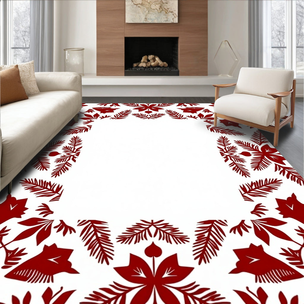 Crimson Floral Botanical Frame Rug