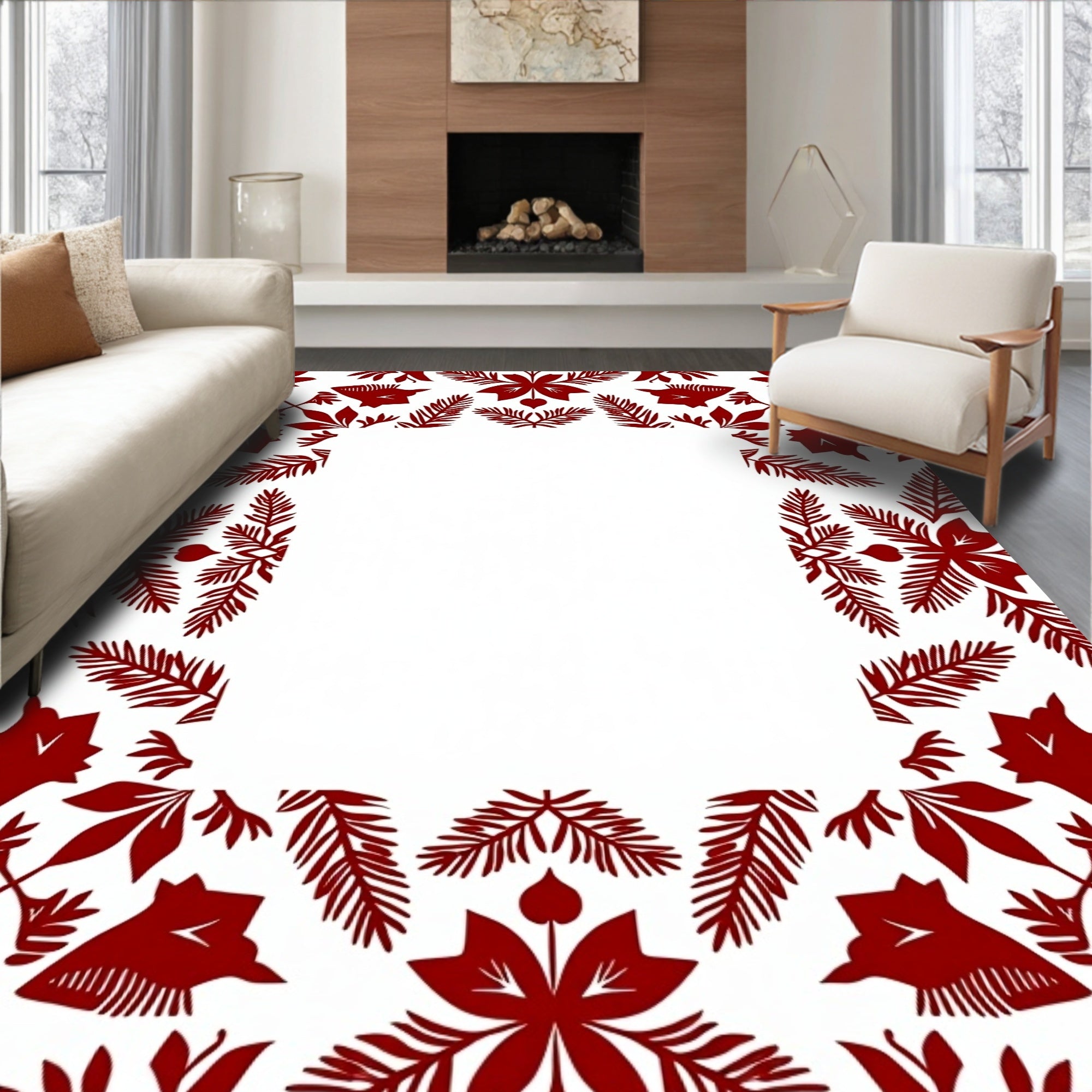 Crimson Floral Botanical Frame Rug