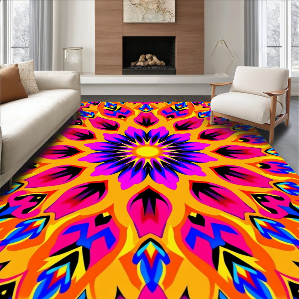 Vibrant Psychedelic Sun Mandala Rug