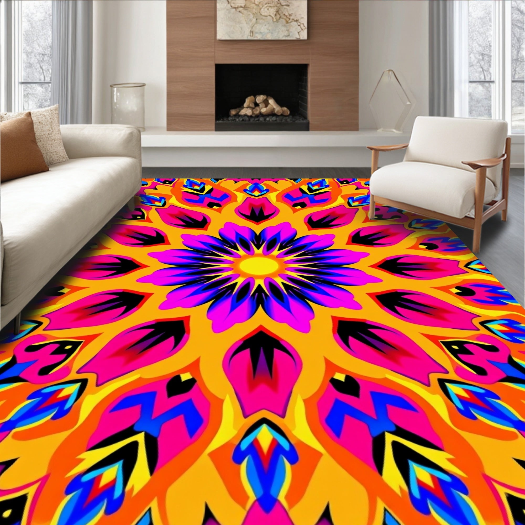 Vibrant Psychedelic Sun Mandala Rug