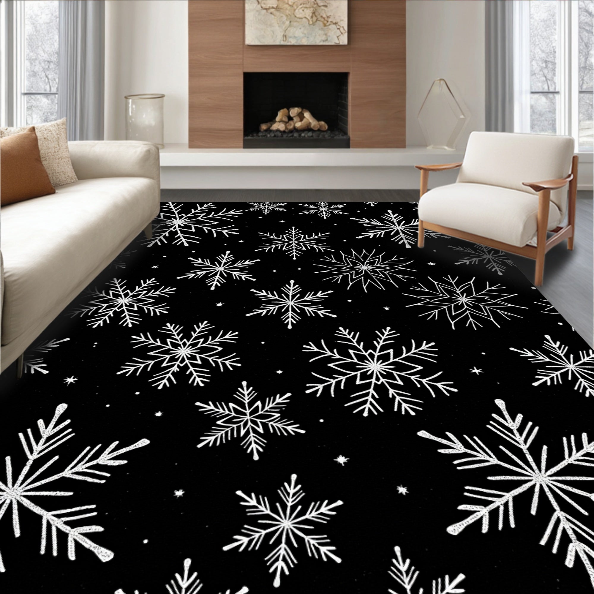 Winter White Snowflake Collage Rug