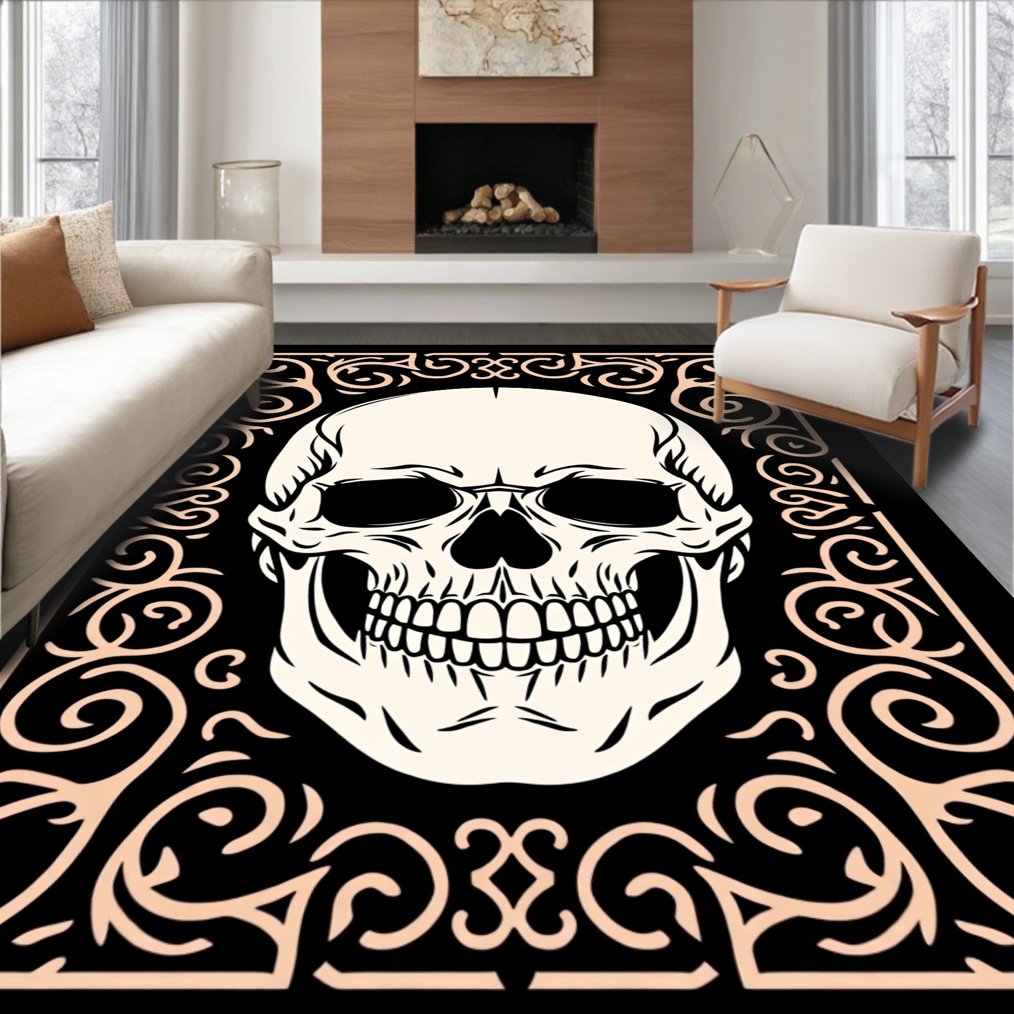 Cream Skull with Black Ornate Border Rug