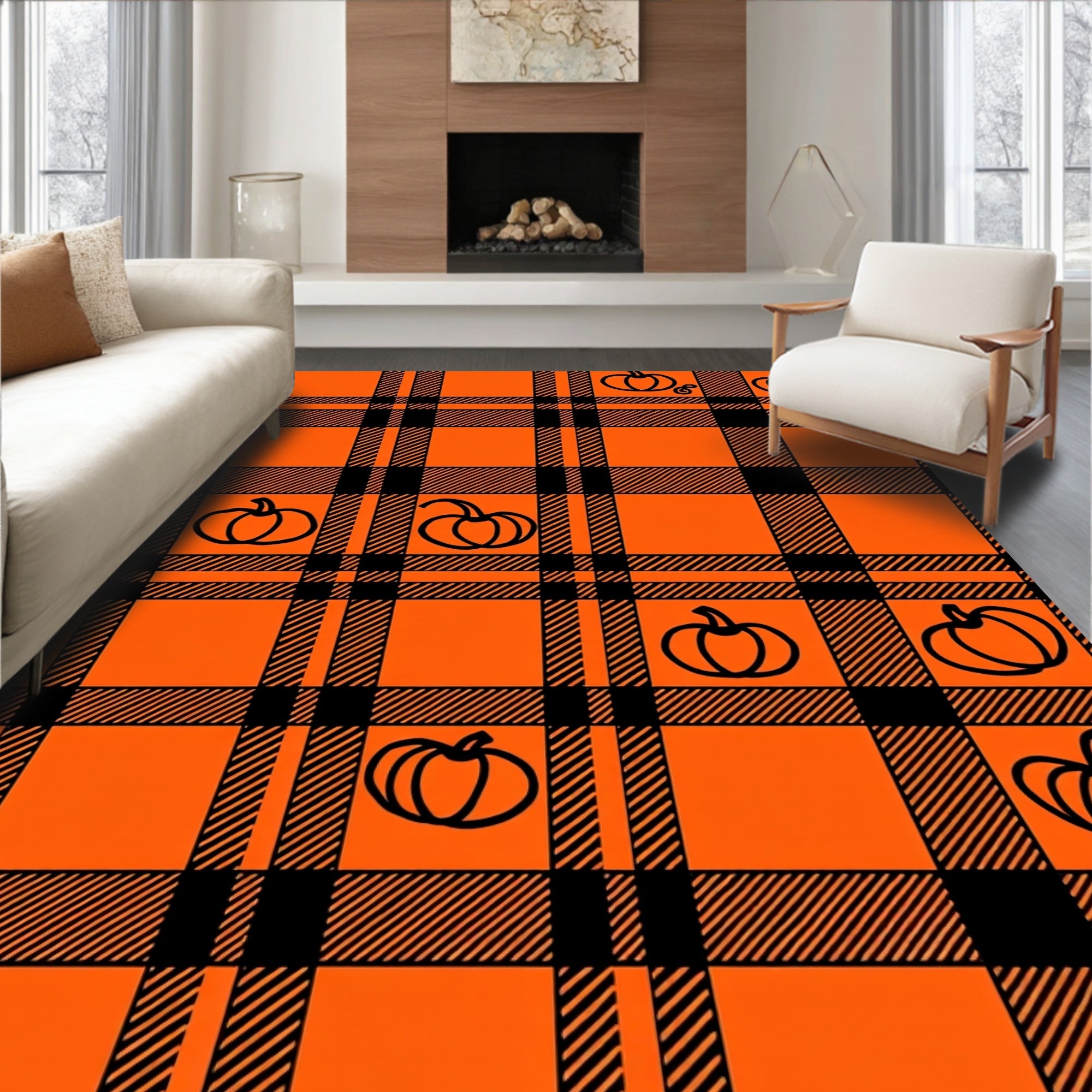 Orange Black Plaid Pumpkin Scatter Rug