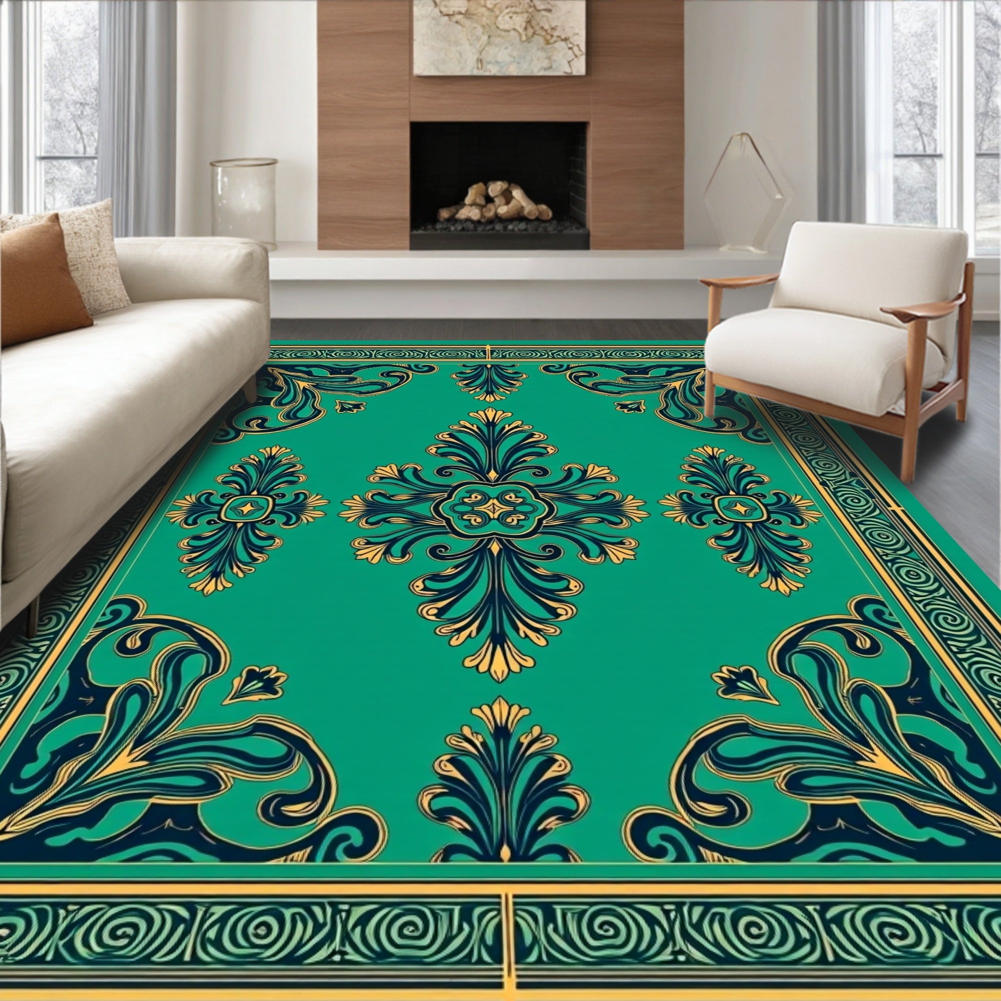 Emerald Green Teal Gilded Flourish Rug