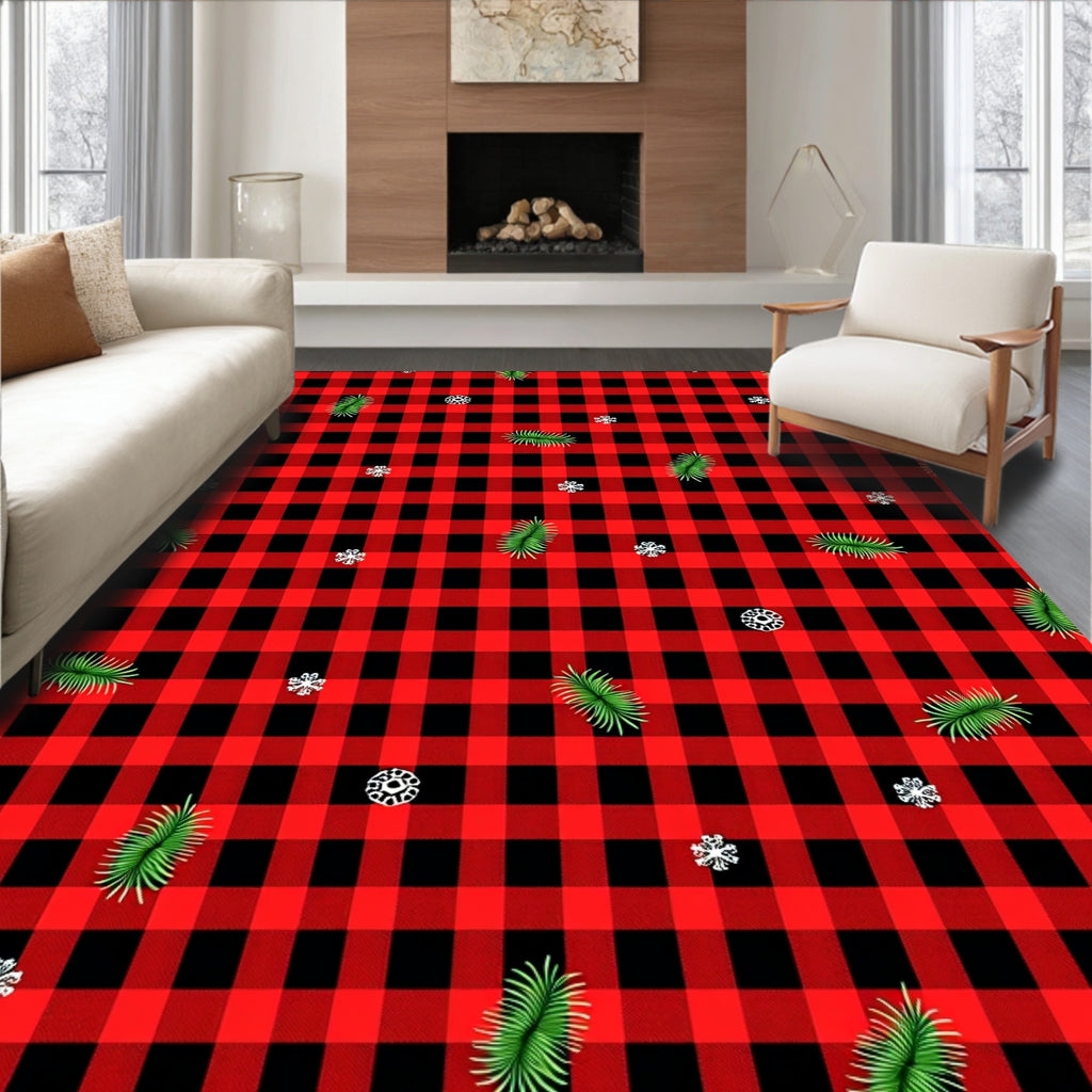 Red Black Buffalo Plaid Evergreen Snowflakes Rug