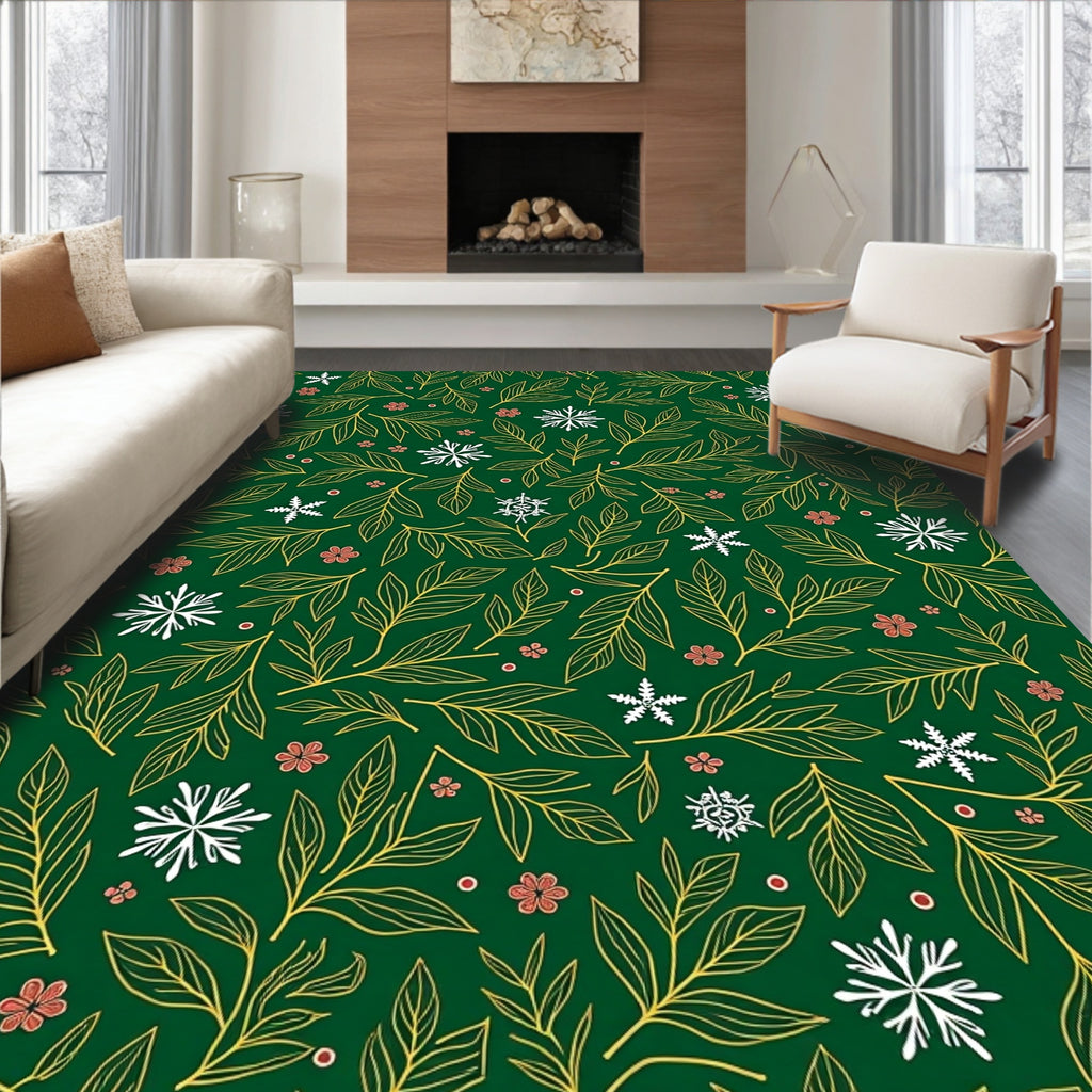 Winter Green Leaf Snowflake Floral Vines Rug