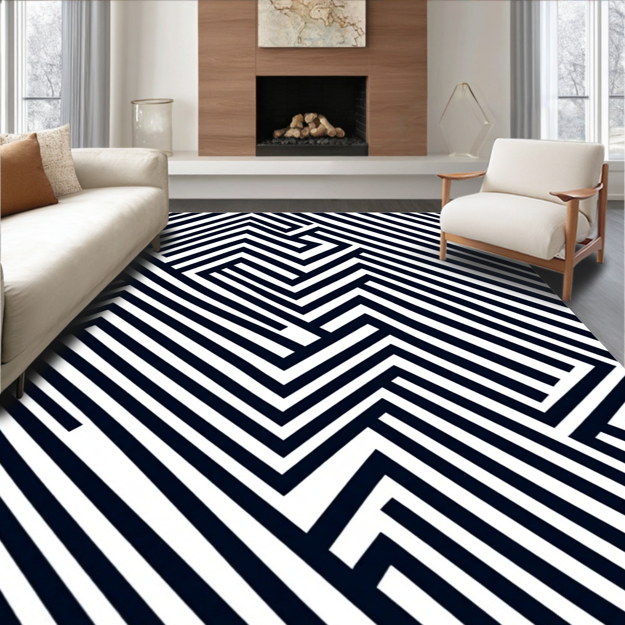 Bold Black White Linear Maze Rug