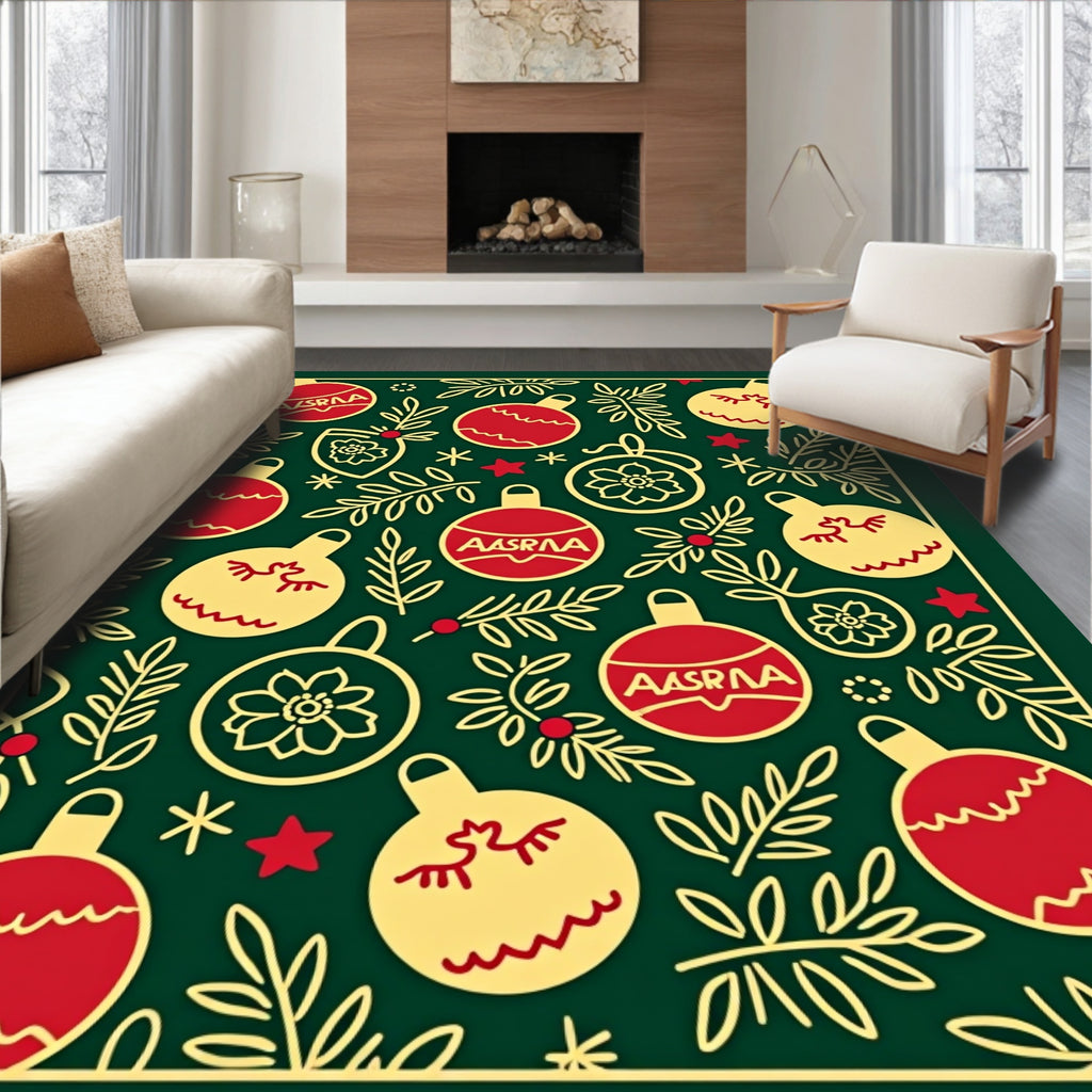 Festive Red Yellow Christmas Ornaments Rug