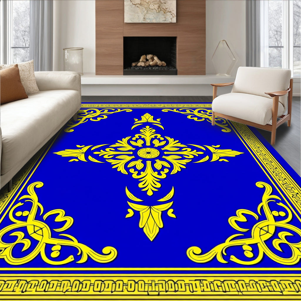 Royal Blue Yellow Floral Medallion Courtly Rug