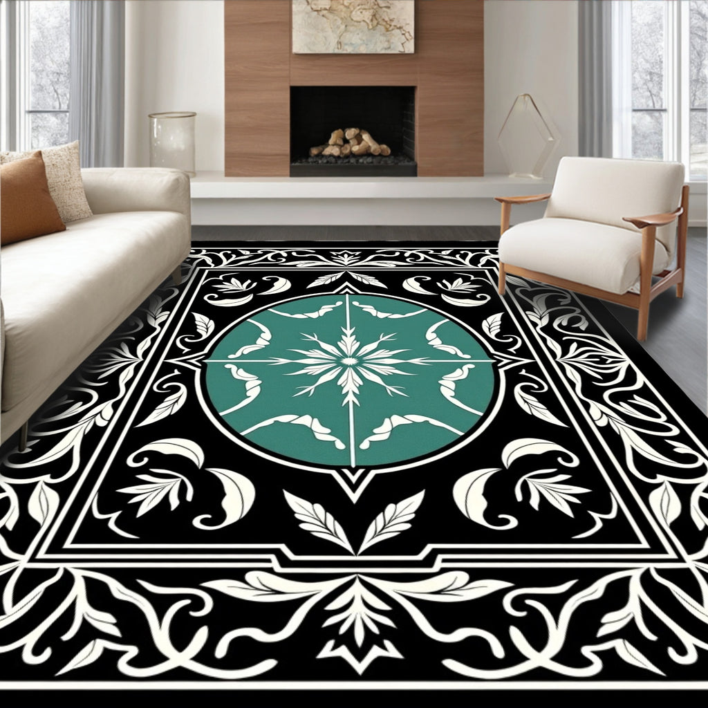 Classic Teal Floral Inlay Border Rug