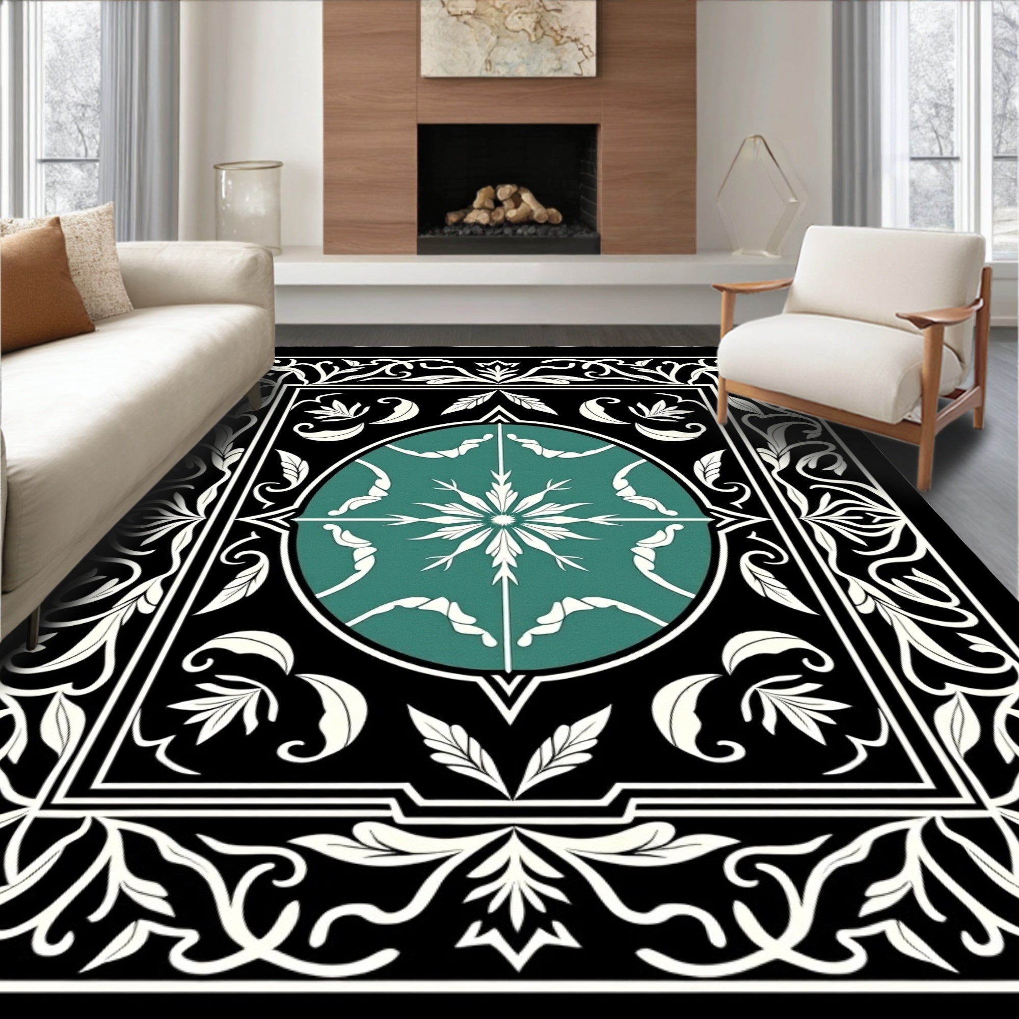 Classic Teal Floral Inlay Border Rug