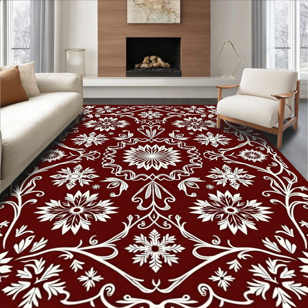 Crimson White Floral and Leafy Vine Rug
